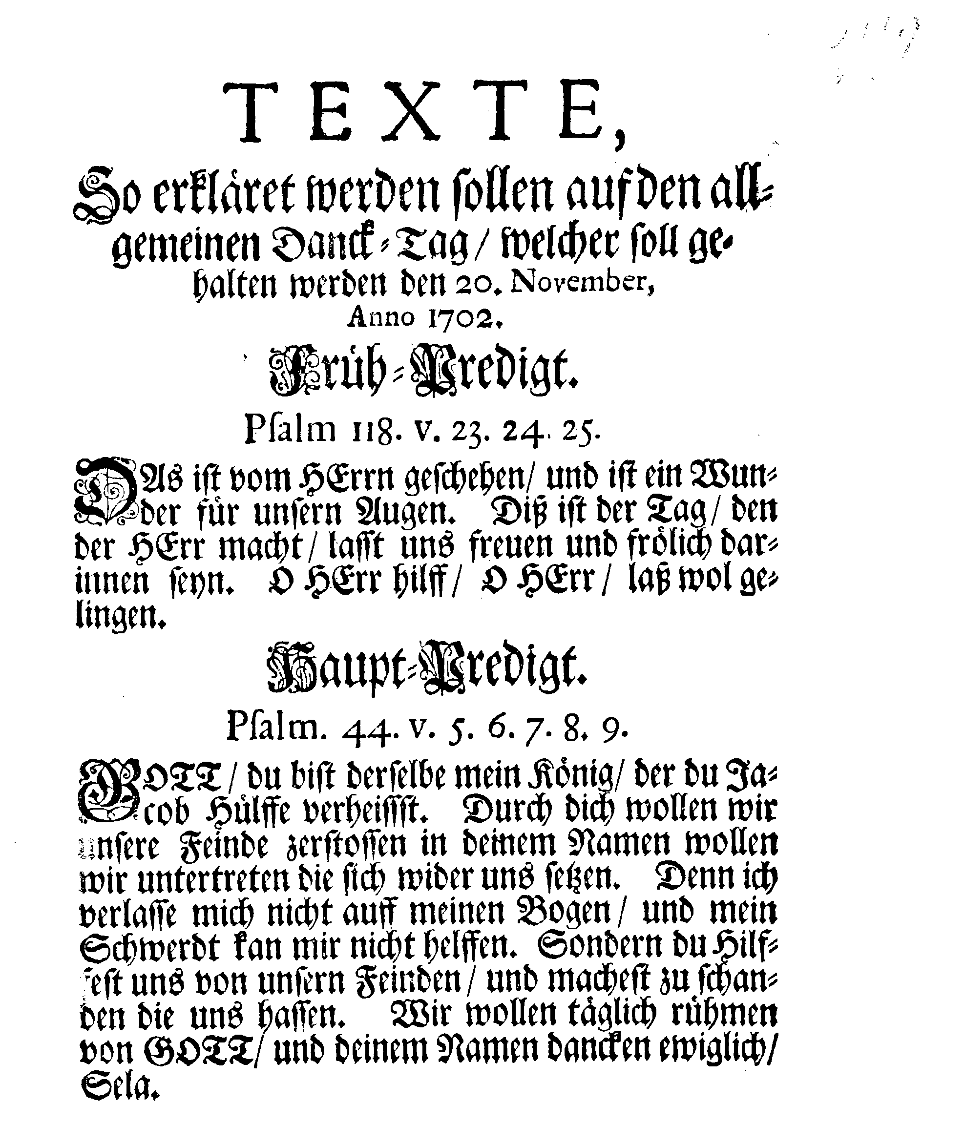 Dancksagungs-Schrifft über den herrlichen SIEG, Mit welchem Gott der Allerhöchste beseeliget hat Sr. Königl. Majest. Unsers allergnädigsten Königes rechtmäßige Waffen Wieder Dessen Feind, Den König in Pohlen, Samt Dessen Sächsische und Pollnische Armée bei Cliskow in Klein Pohlen den verwichenen 9/19 Julii Nach Sr. Königl. Majest. allergnädigsten Befehl, Verlesen in allen Versamlungen, über gantz Schweden Reich, und dessen unterliegenden Ländern und Herrschaften den 20. November, Anno 1702