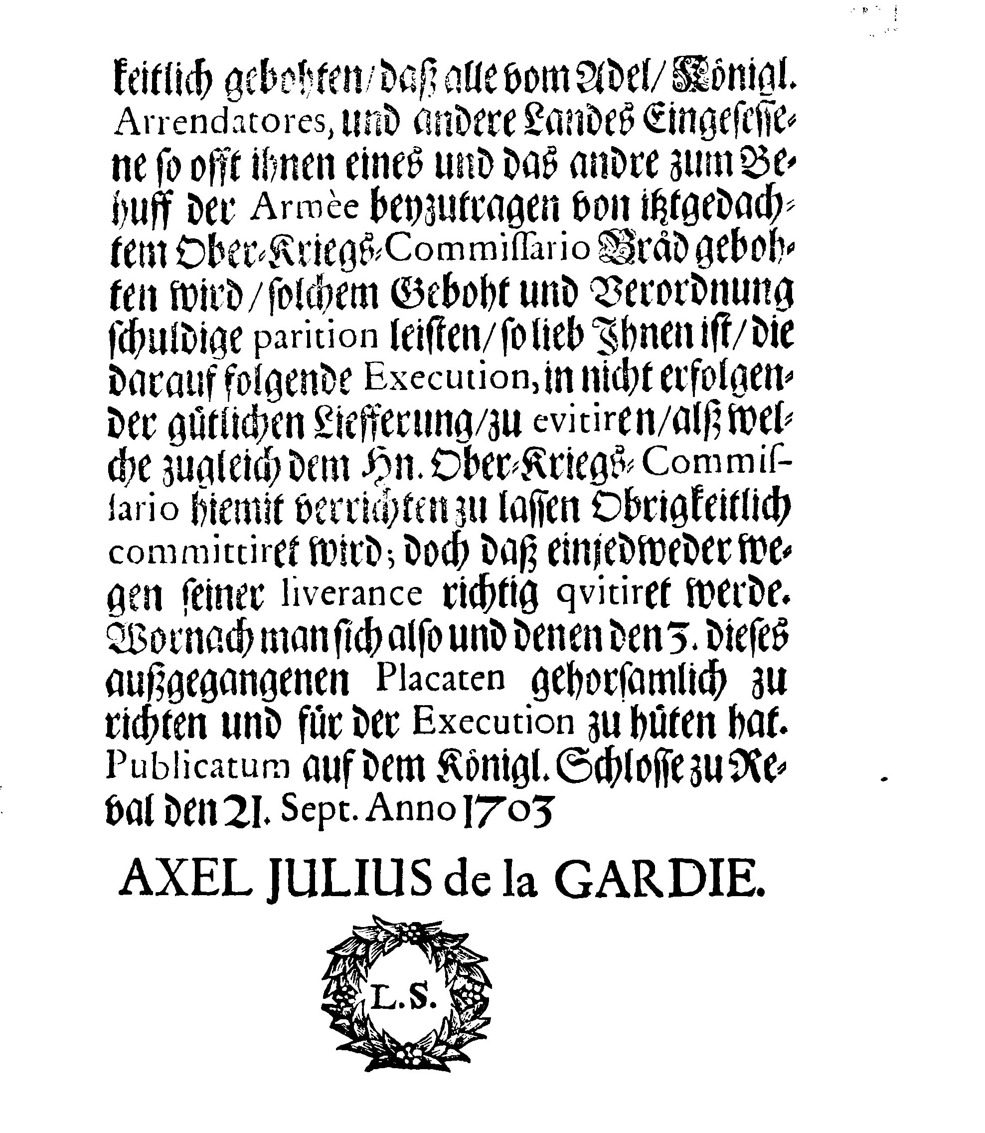 [Axel Julius De la Gardie korraldus]