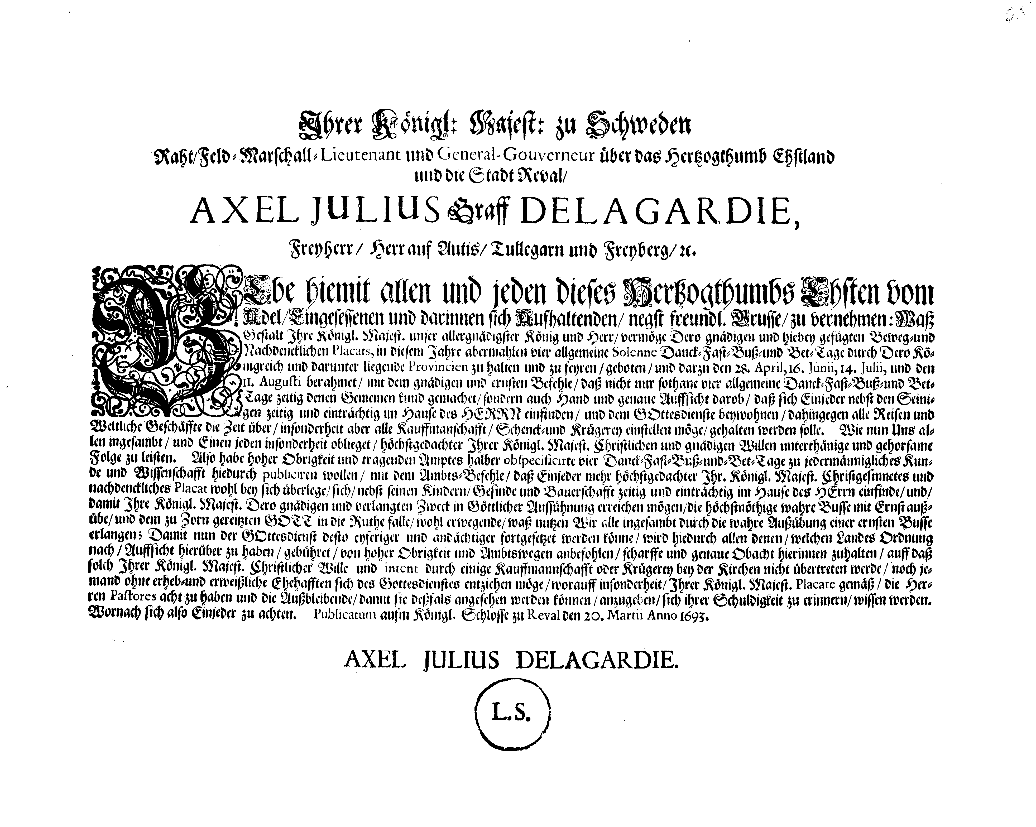 [Axel Julius De la Gardie korraldus]