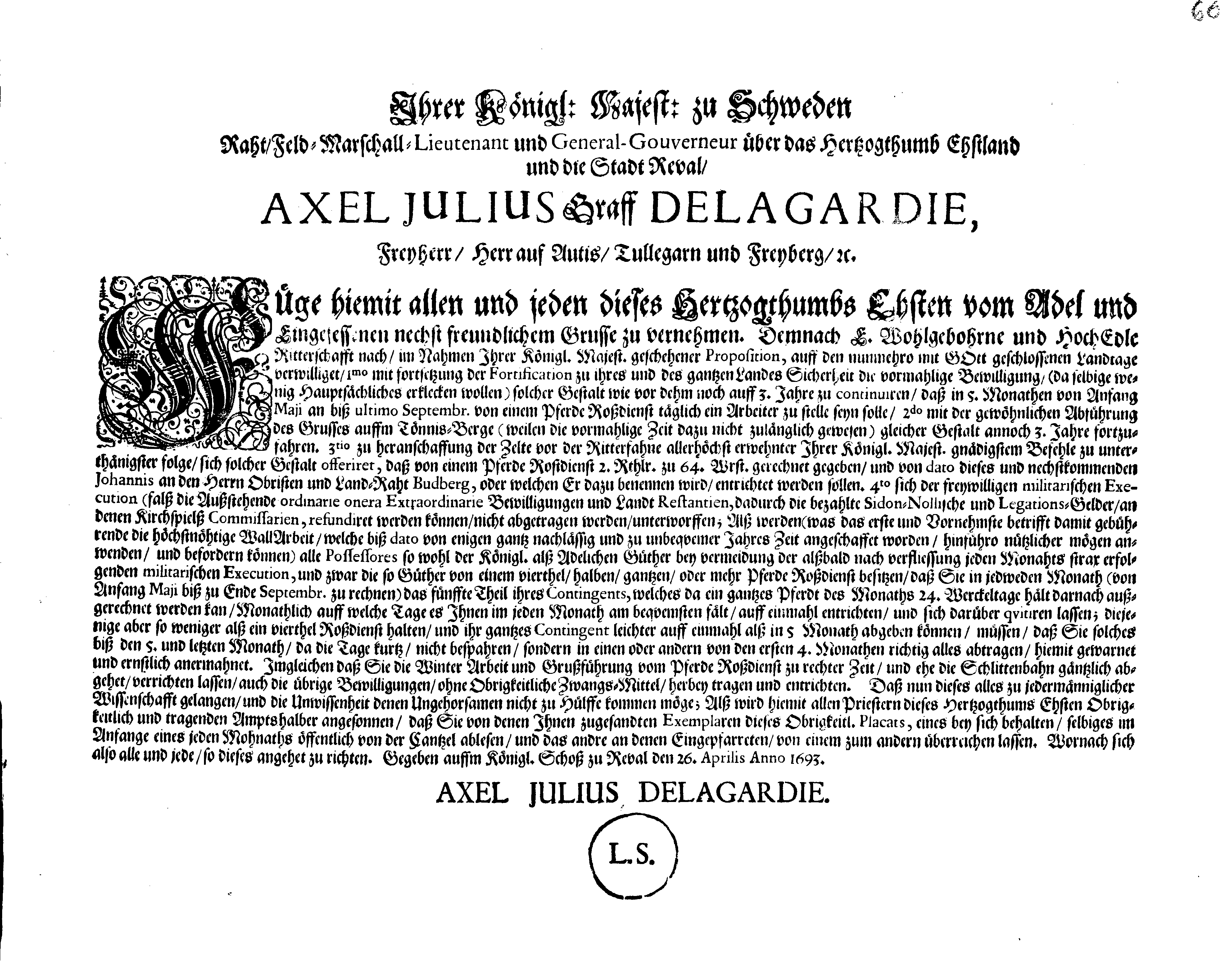 [Axel Julius De la Gardie korraldus]