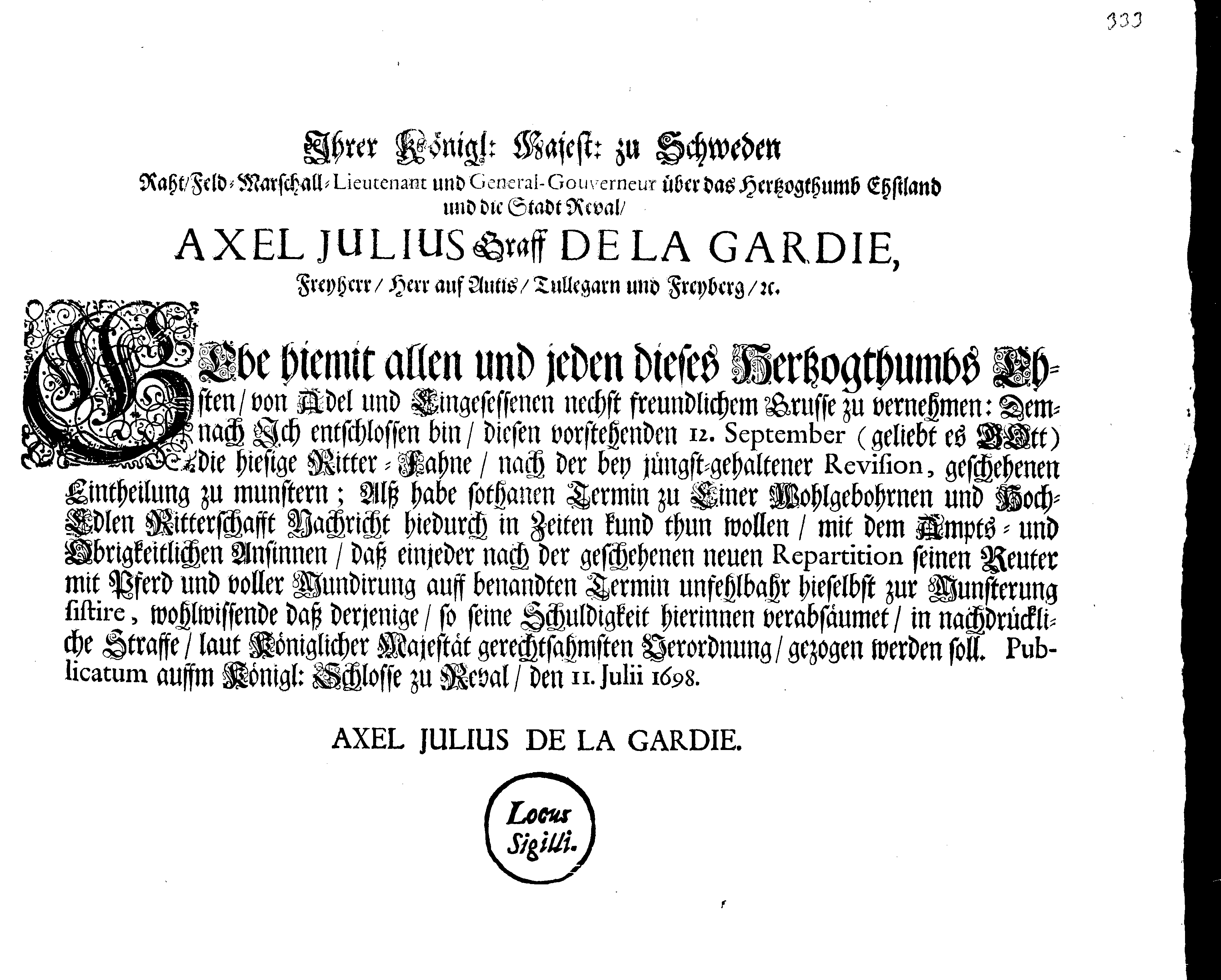 [Axel Julius De la Gardie korraldus]