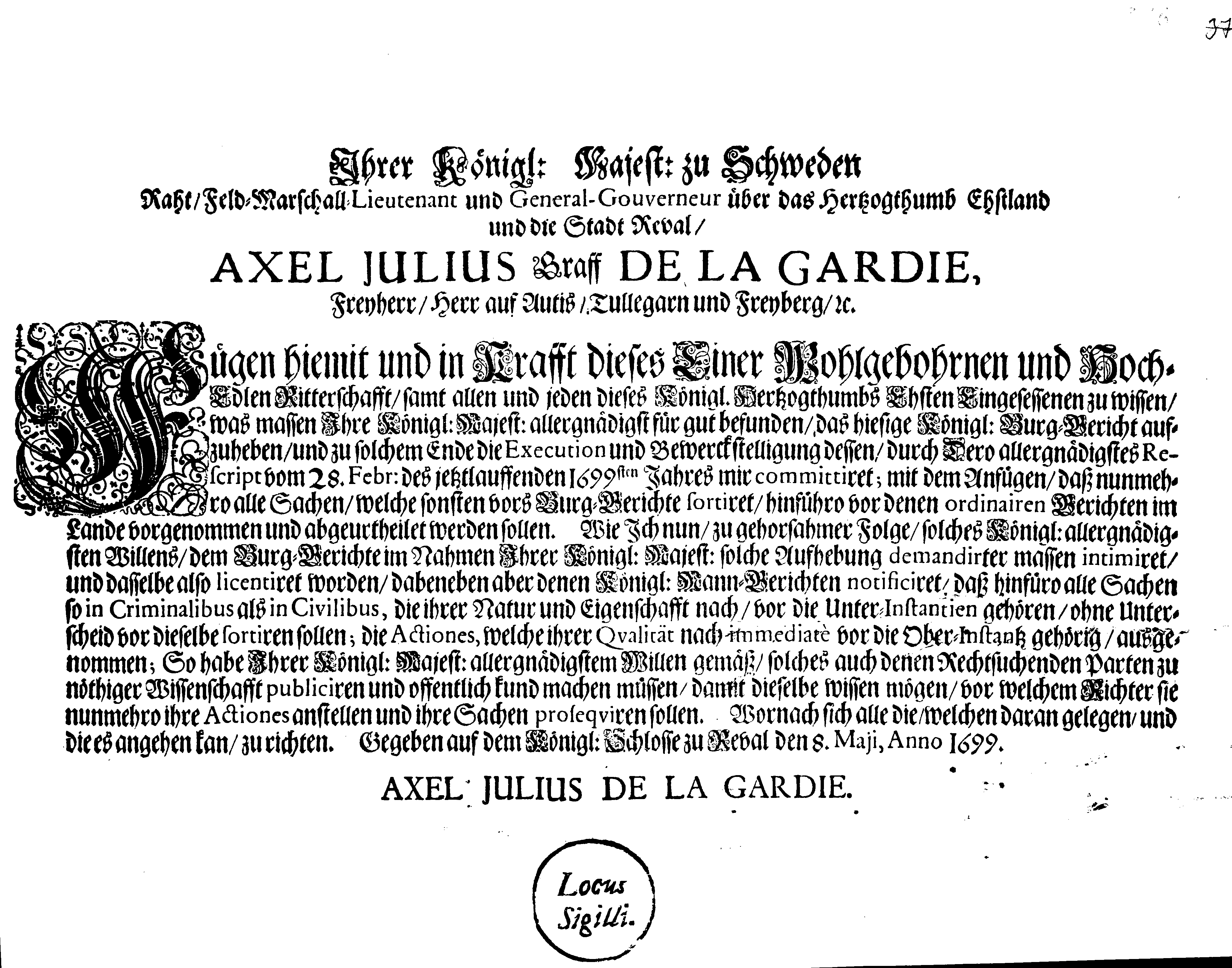 [Axel Julius De la Gardie korraldus]