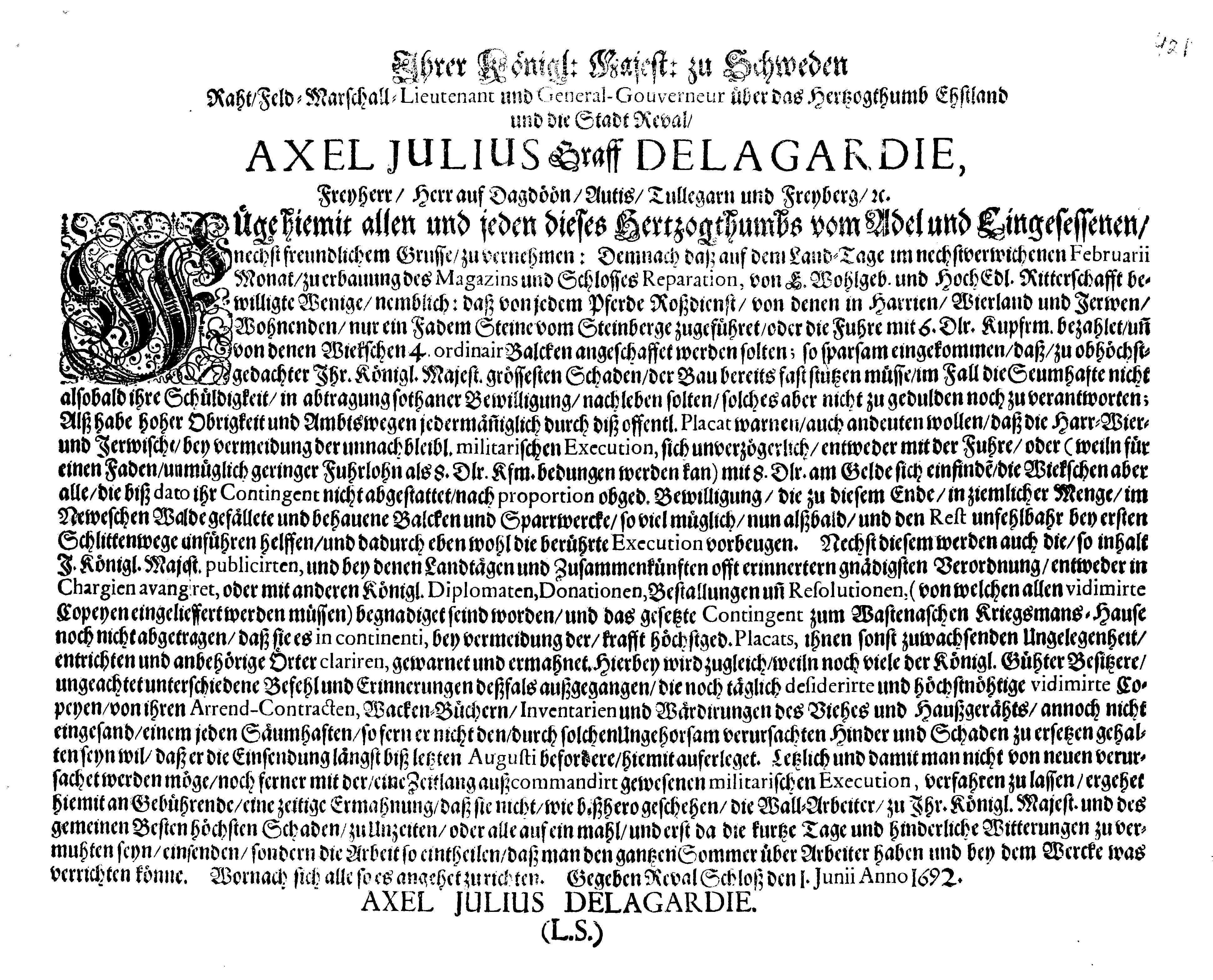 [Axel Julius De la Gardie korraldus]