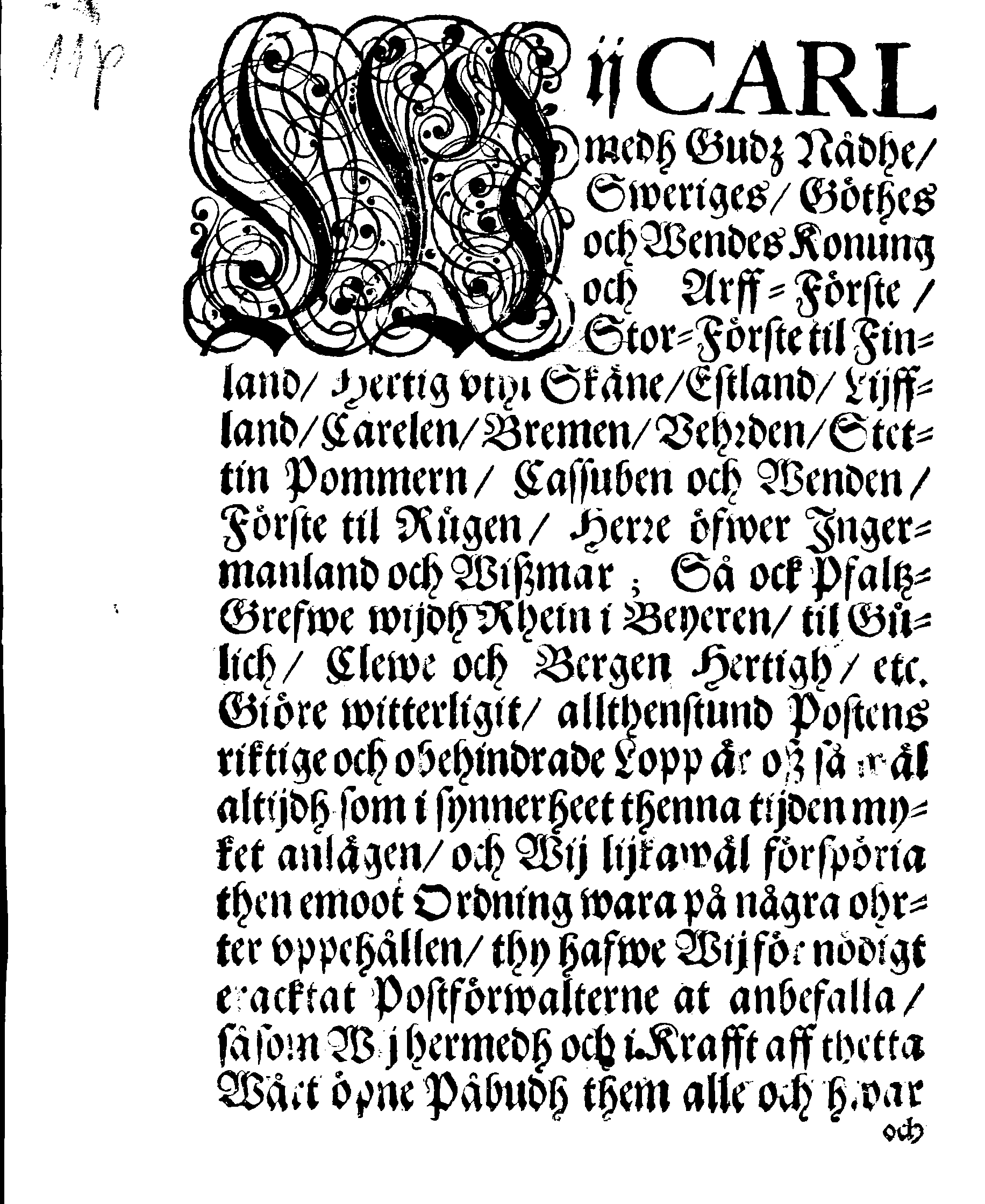 Kongl: Mayst:tz PLACAT, Angående Postens richtige och obehindrade Lopp