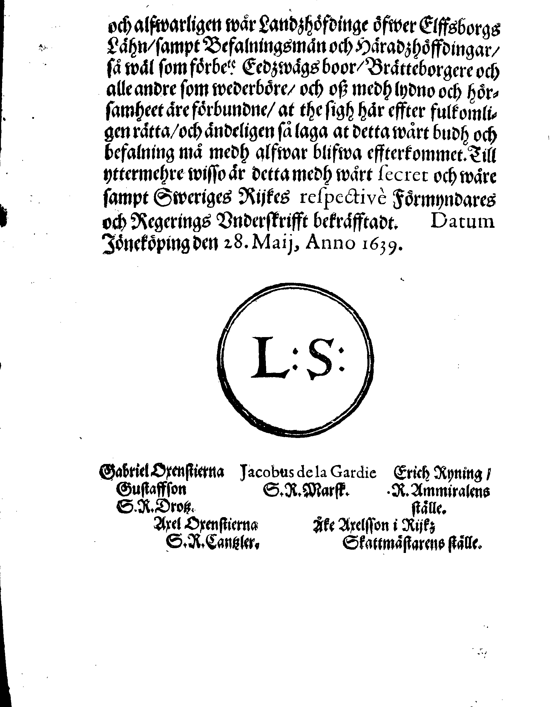 Kongl: May:tz til Swerige, wår Allernådigste Uthkorade Drottningz och Frökens ORDNING, För Eedzwägsboerne i Westergöthland