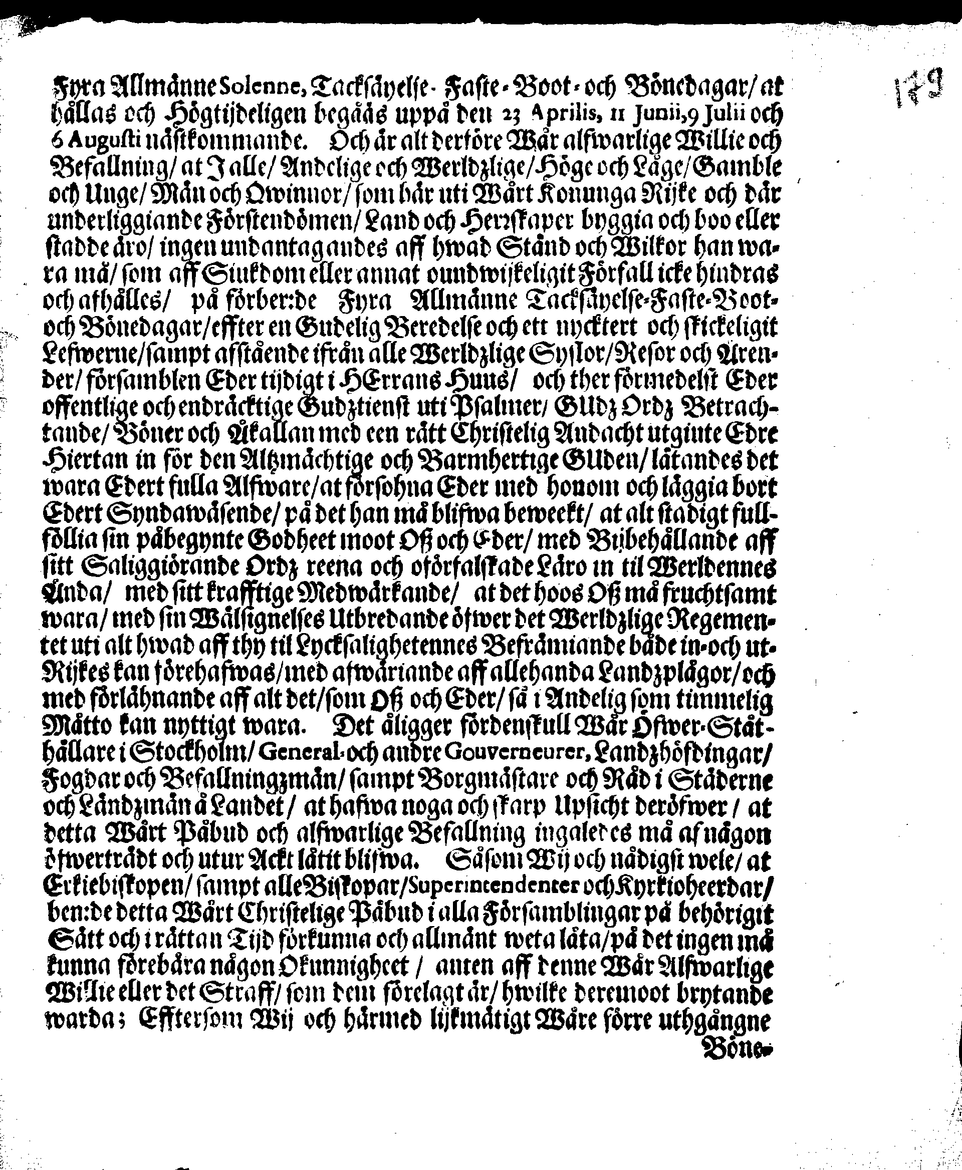 Kongl. May:tz PLACAT, Om Fyra Allmänne-Solenne-Tacksäyelse-Faste- och Bönedagar, som uthi innewarande Åhr 1686 öfwer hela Swerige, och thes underliggiande Provincier, jämwäl Stoor-Förstendömet Finland, sampt Est-Lijf- och Ingermanland, hållas och fijras skole