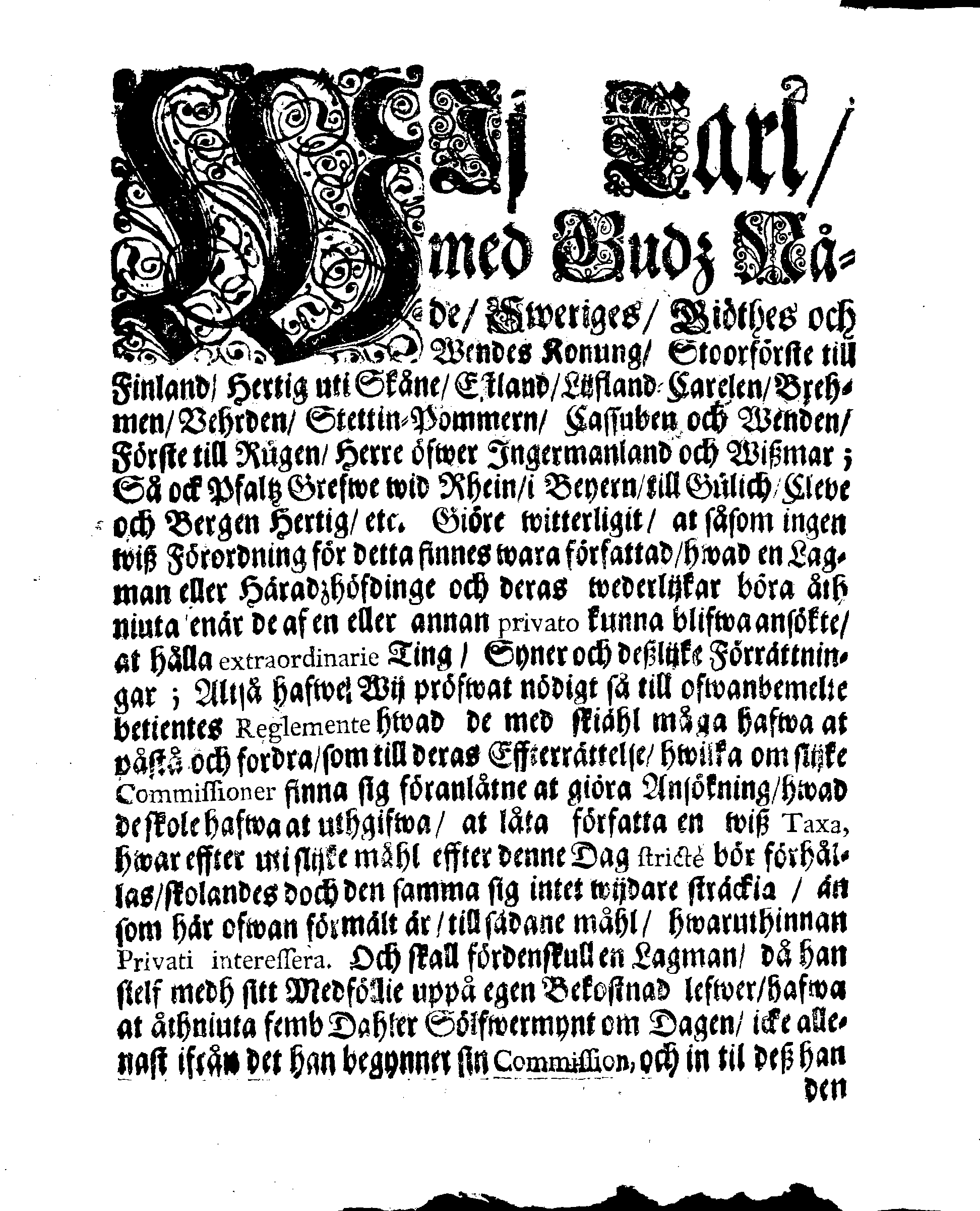 Kongl. May:tz Förordning Och TAXA, Angående extraordinarie Ting, Syner och deßlijke Förrättningar