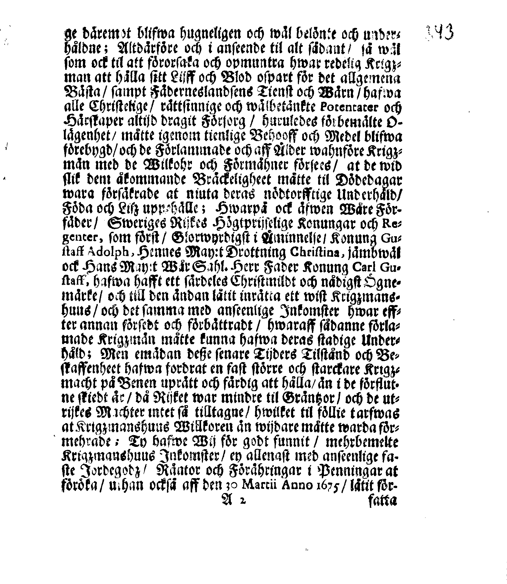 Kongl. May:tz Förnyade Ordning och Påbud Om Wadstena Krigzmans-Huus Inkomster