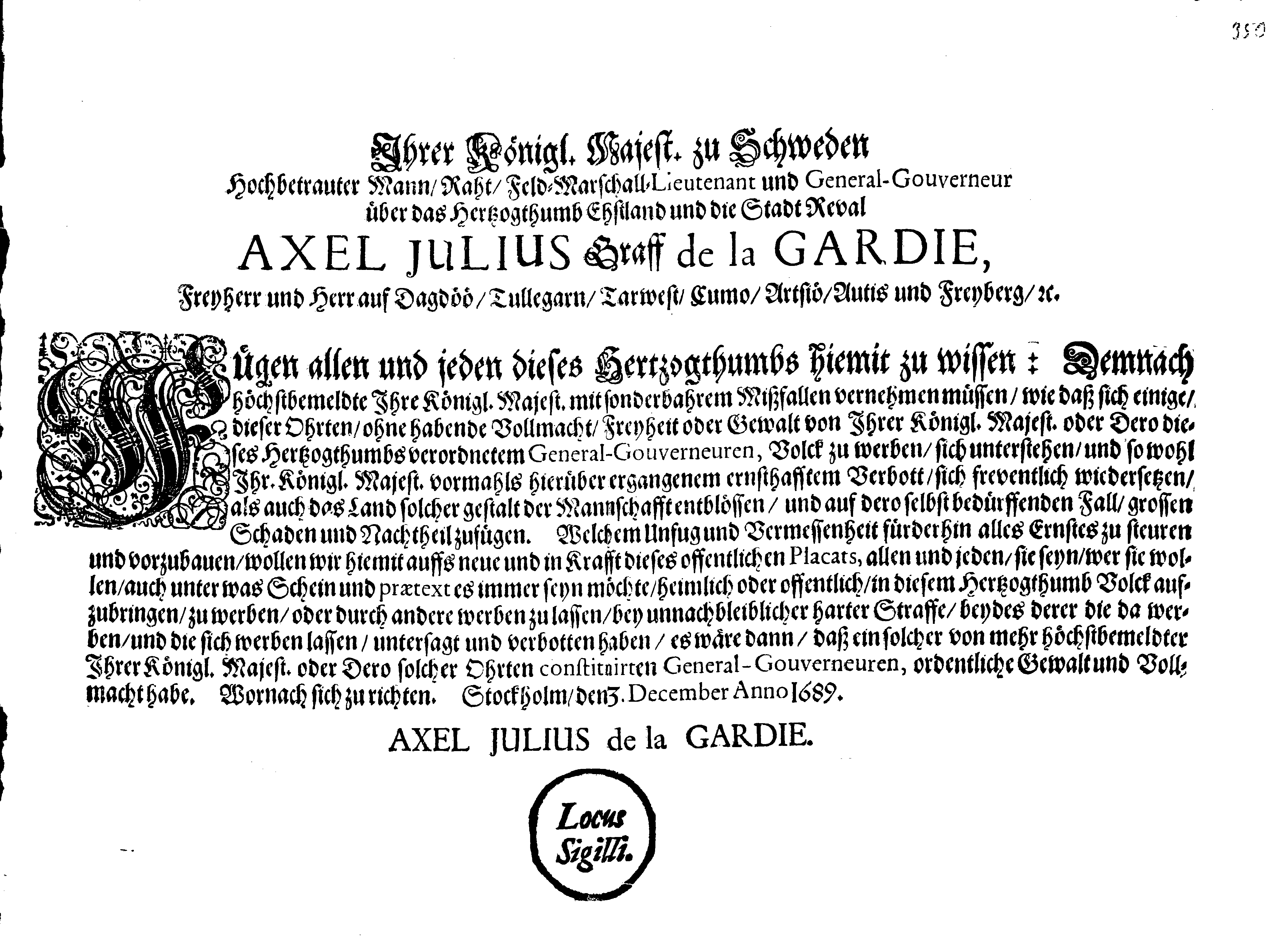 [Axel Julius De la Gardie korraldus]