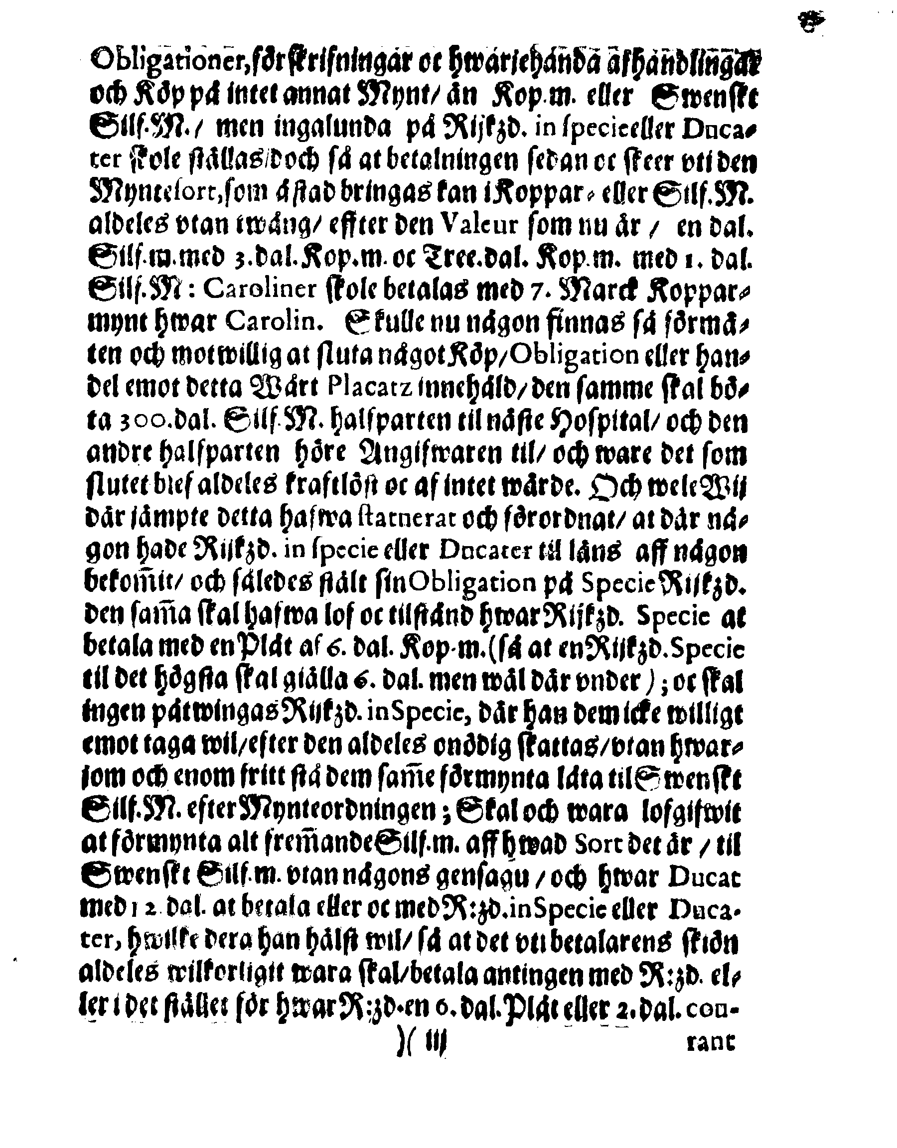 Kongl. May:tz Nådige Förordning om Myntet