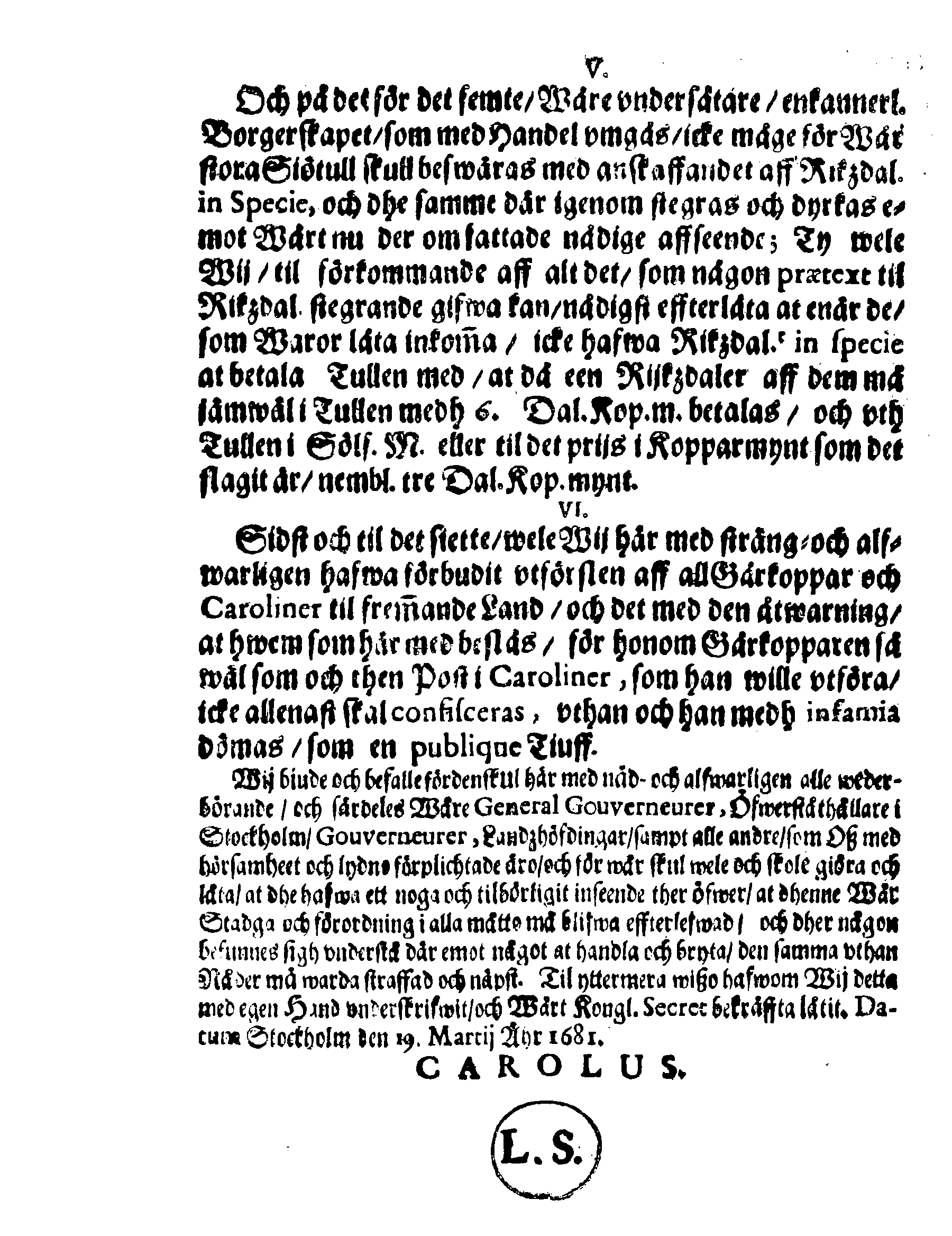 Kongl. May:tz Nådige Förordning om Myntet