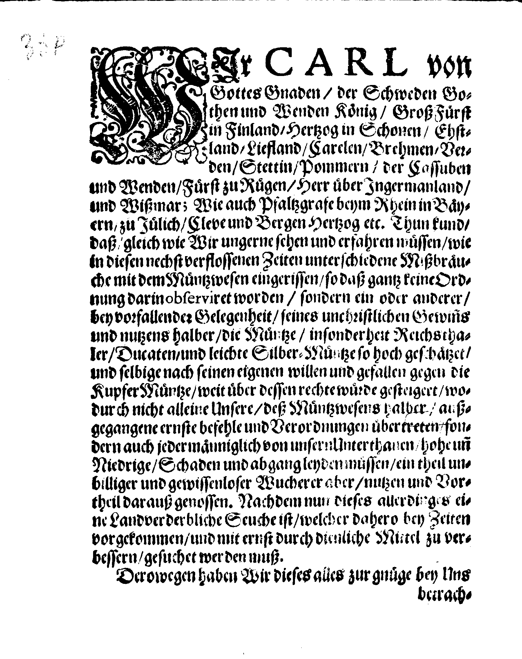 Ihr. Königl. Maj. Gnädige Verordnung Wegen Der Müntze