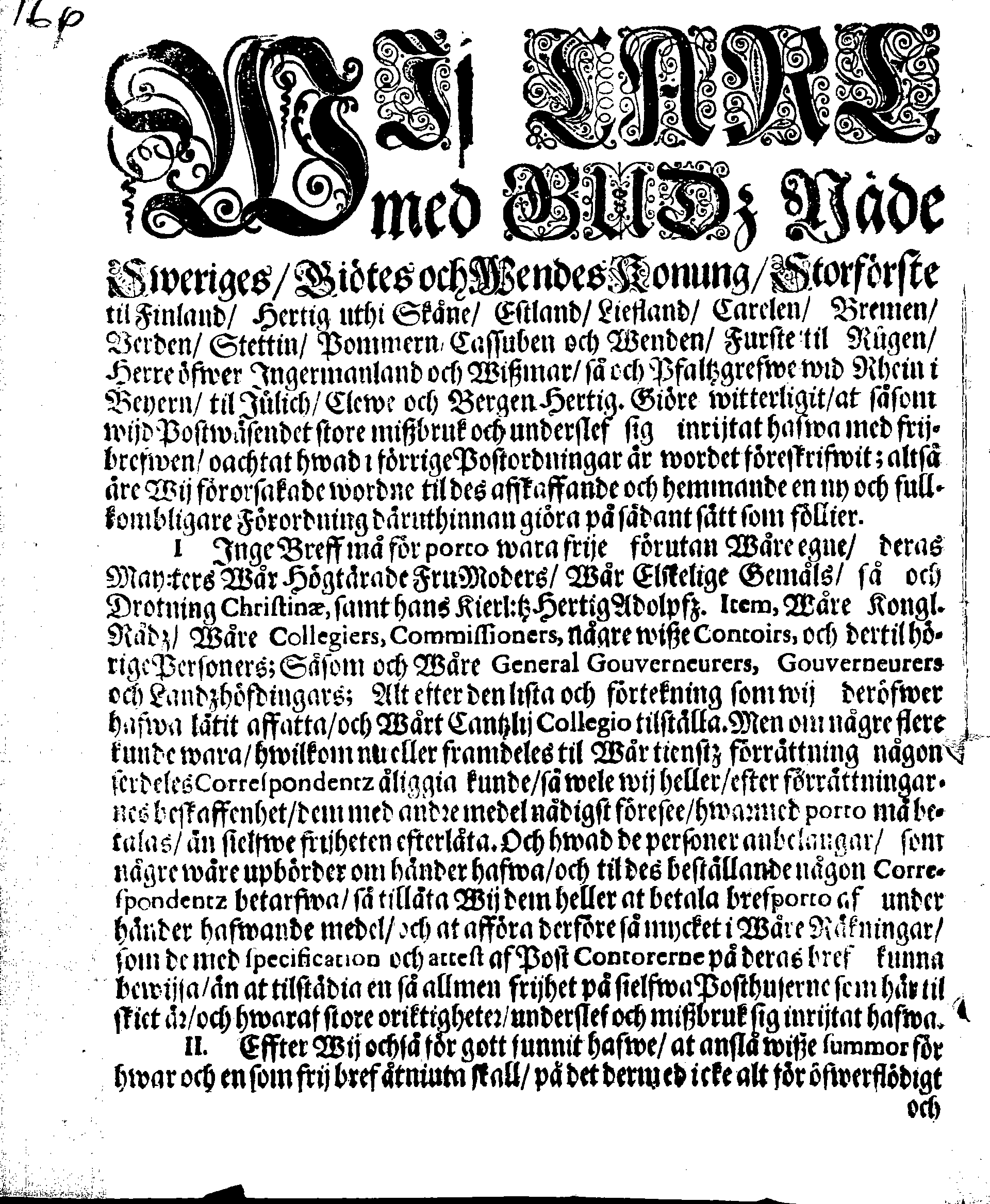 Kongl. May:tz Förordning Angående Frij Bref på Posthusen