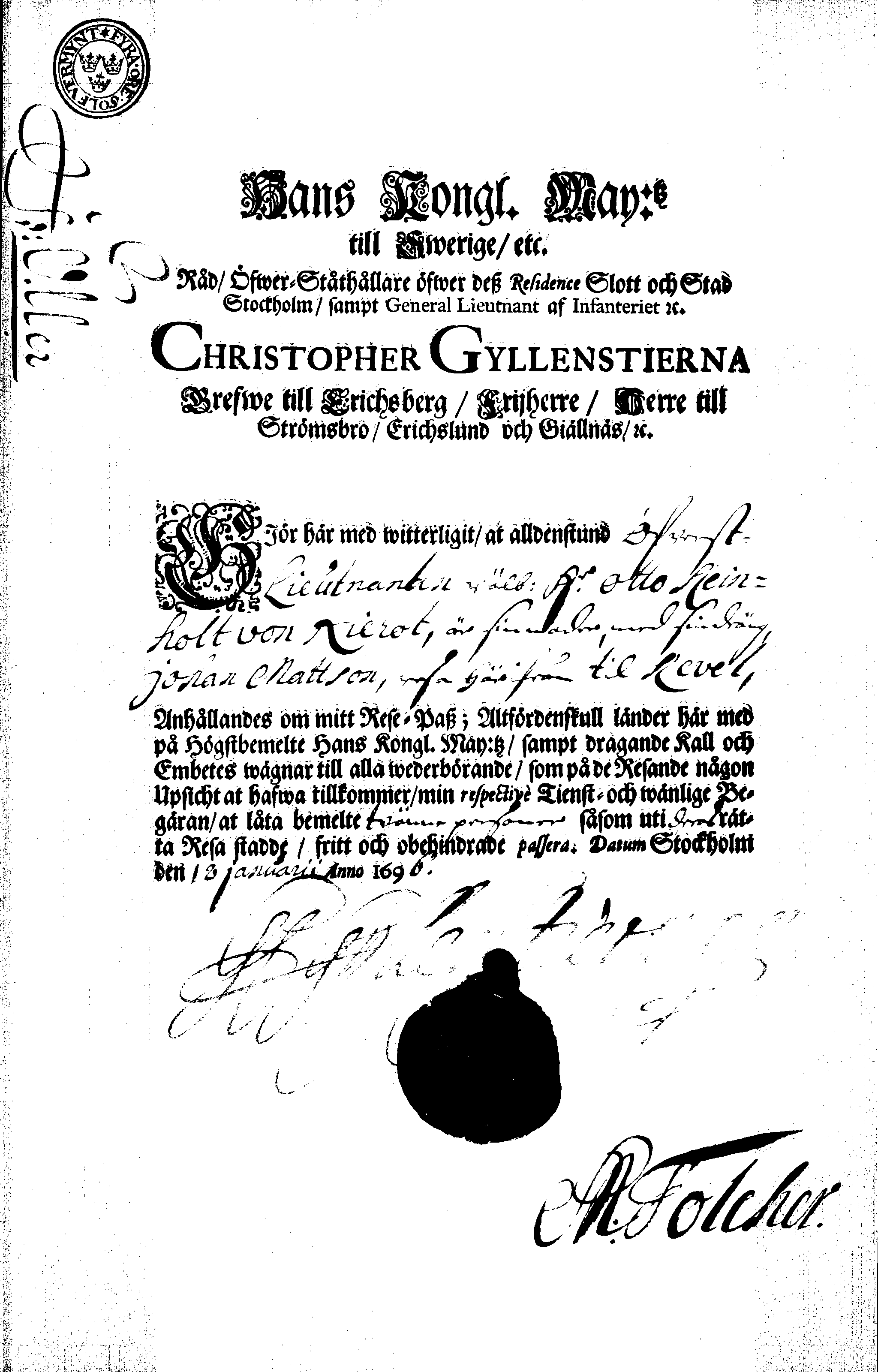 [Christopher Gyllenstierna poolt välja antud reisipass]