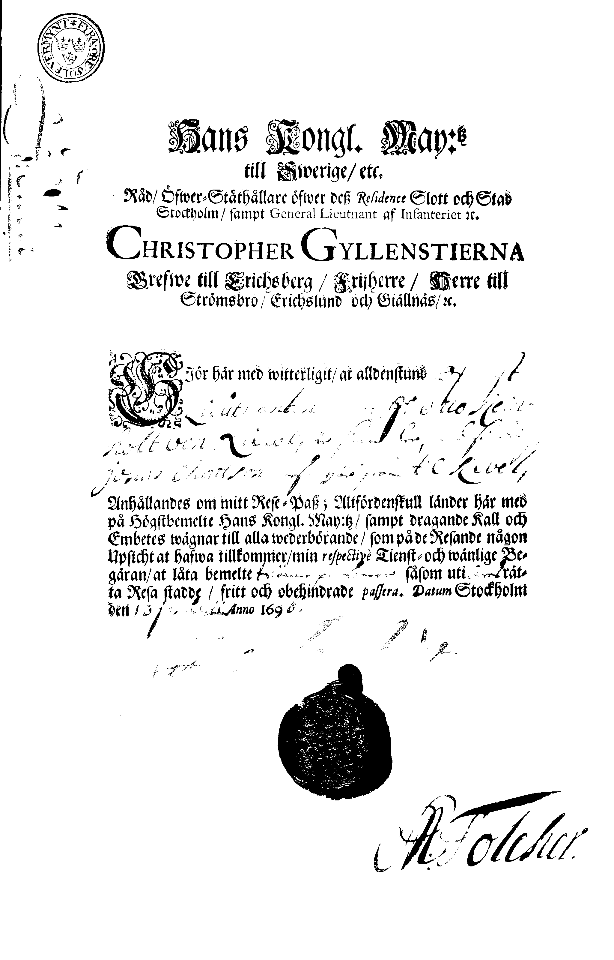 [Christopher Gyllenstierna poolt välja antud reisipass]