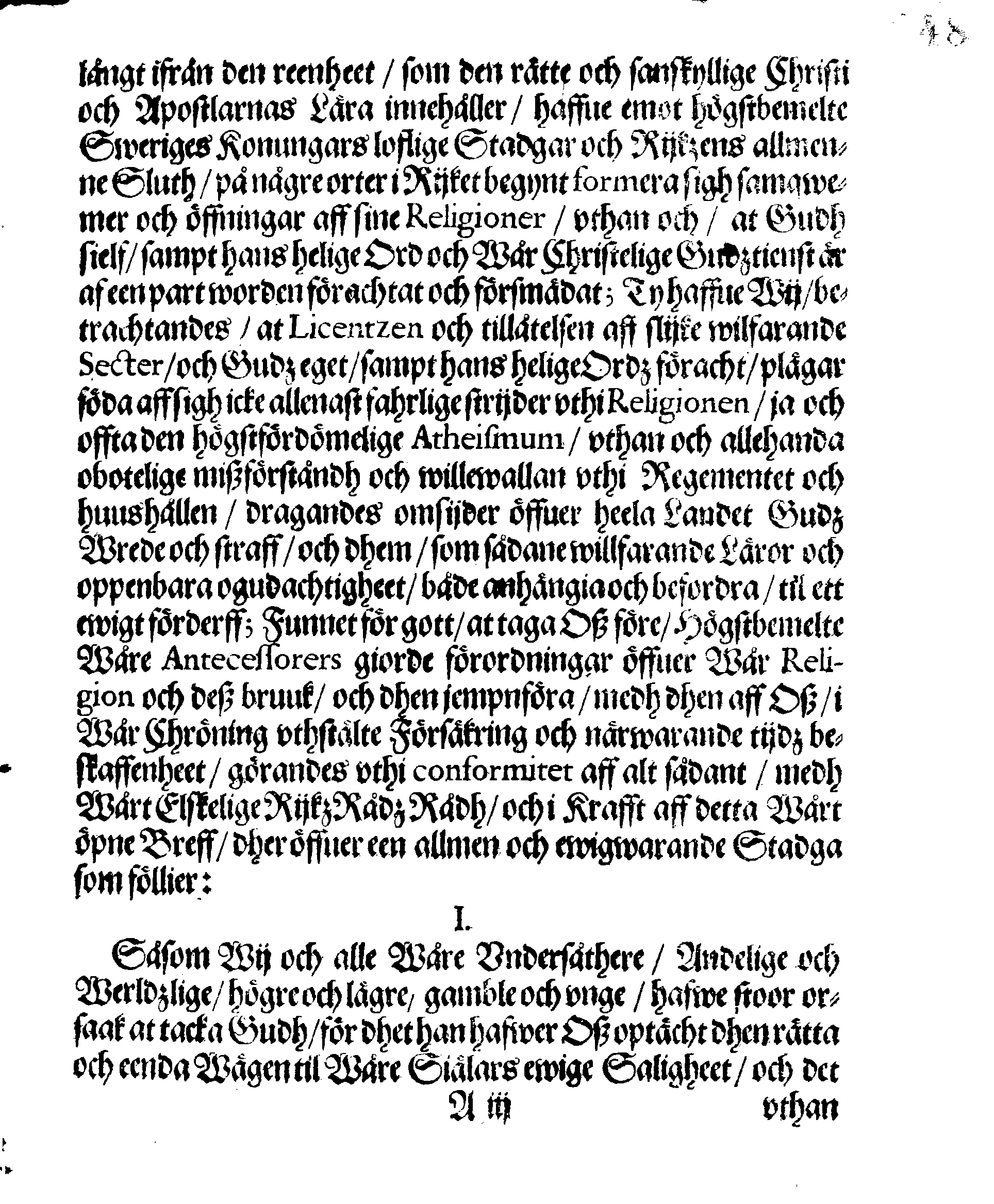 Kongl. May:tz STADGA, Om Wår Christelige Religions rätta öffning och Conservation