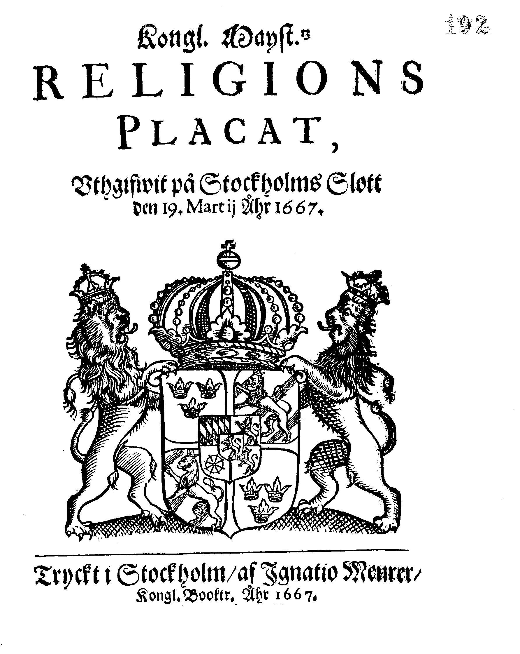 Kongl. Mayst.tz RELIGIONS PLACAT