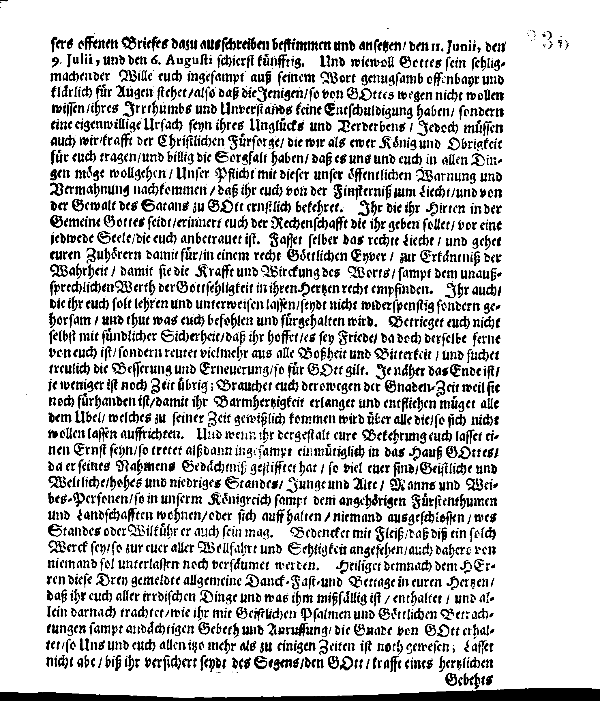 Ihr. Königl. Mayst. PLACAT, Wegen Der drey allgemeinen Solennen Danck-Fast- und Bet-Tage, so in diesem 1675sten Jahr durch gantz Schweden und darunter liegenden Provincien, wie auch in Groß-Fürstenthumb Finland, sampt Ehst, Lieff- und Ingermanland sollen gehalten und gefeiret werden