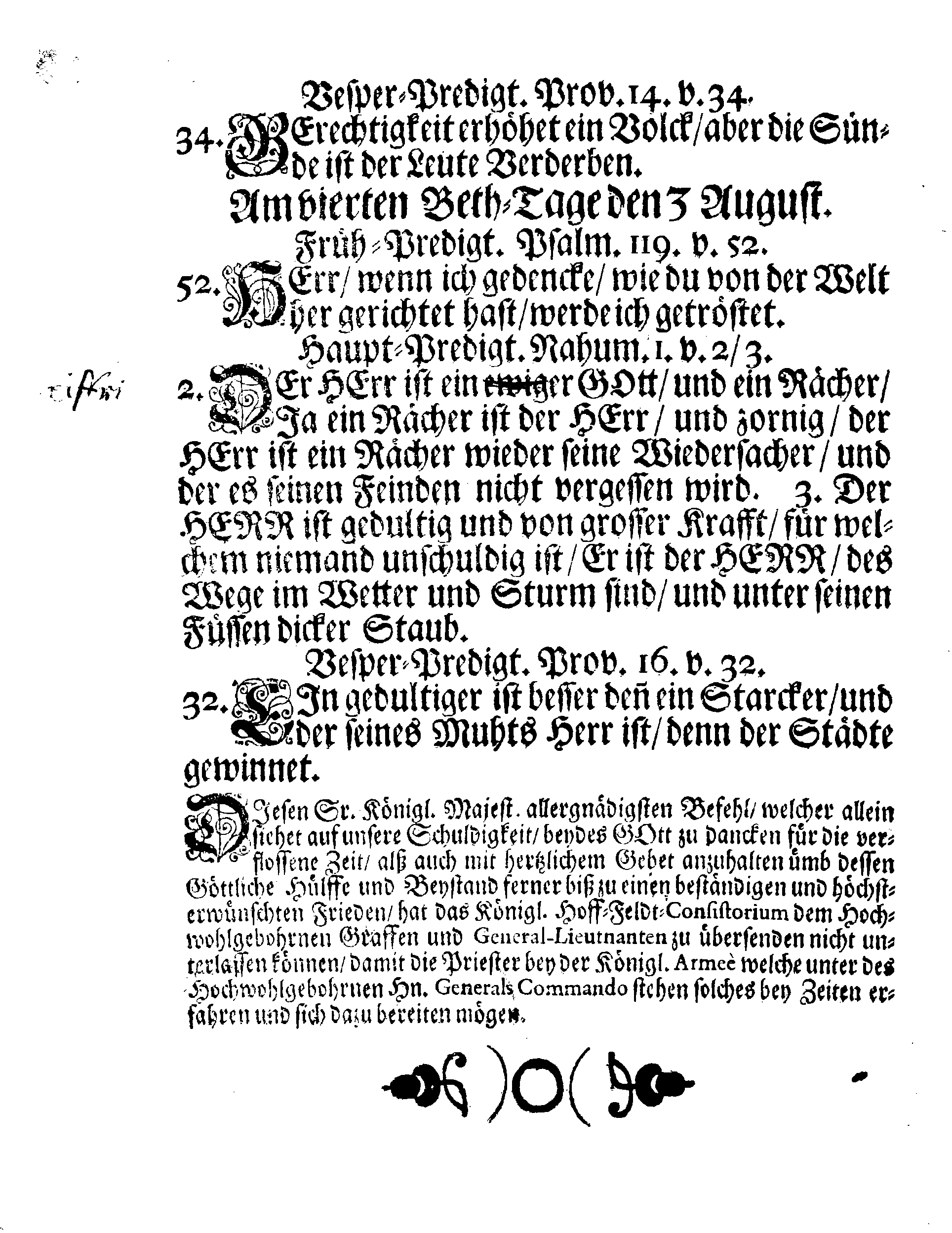 EXTRACT Auß I. Königl. Majest. Hoff-Feldt-Consistorio an den Hochwohlgebohrnen Hn. General-Lieutnant Graff Adam Ludwig Lewenhaupt abgelassenen Brieffe und Notification, angehend die Bet-Tage im gegenwärtigen Jahr 1706. welche nach Gewohnheit sollen celebrirt werden