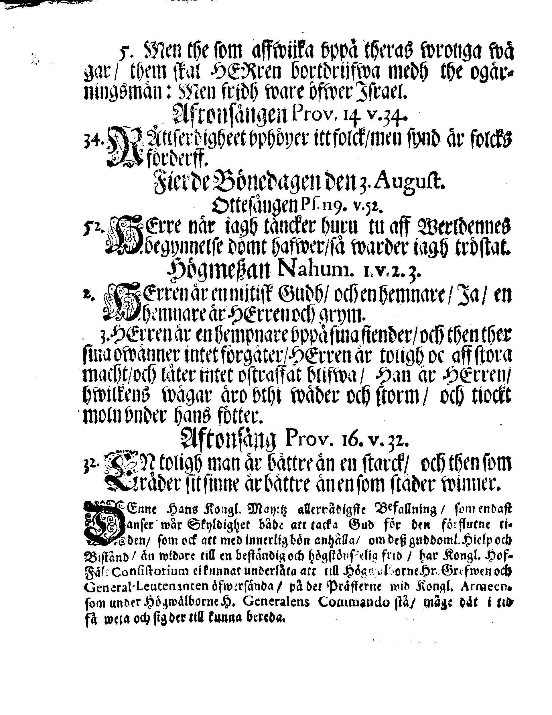 EXTRACT Uthur Kongl. May:ttz. Hoff-Feldt-Consistorii till Högwälborne Hn. General-Lieut. Grefwe Adam Ludwig Lewenhaupt aflåtne Breef och notification angående Bönedagarne uthi innewarande Åhr 1706. som effter Wahnligheten böra fyras och Celebreras