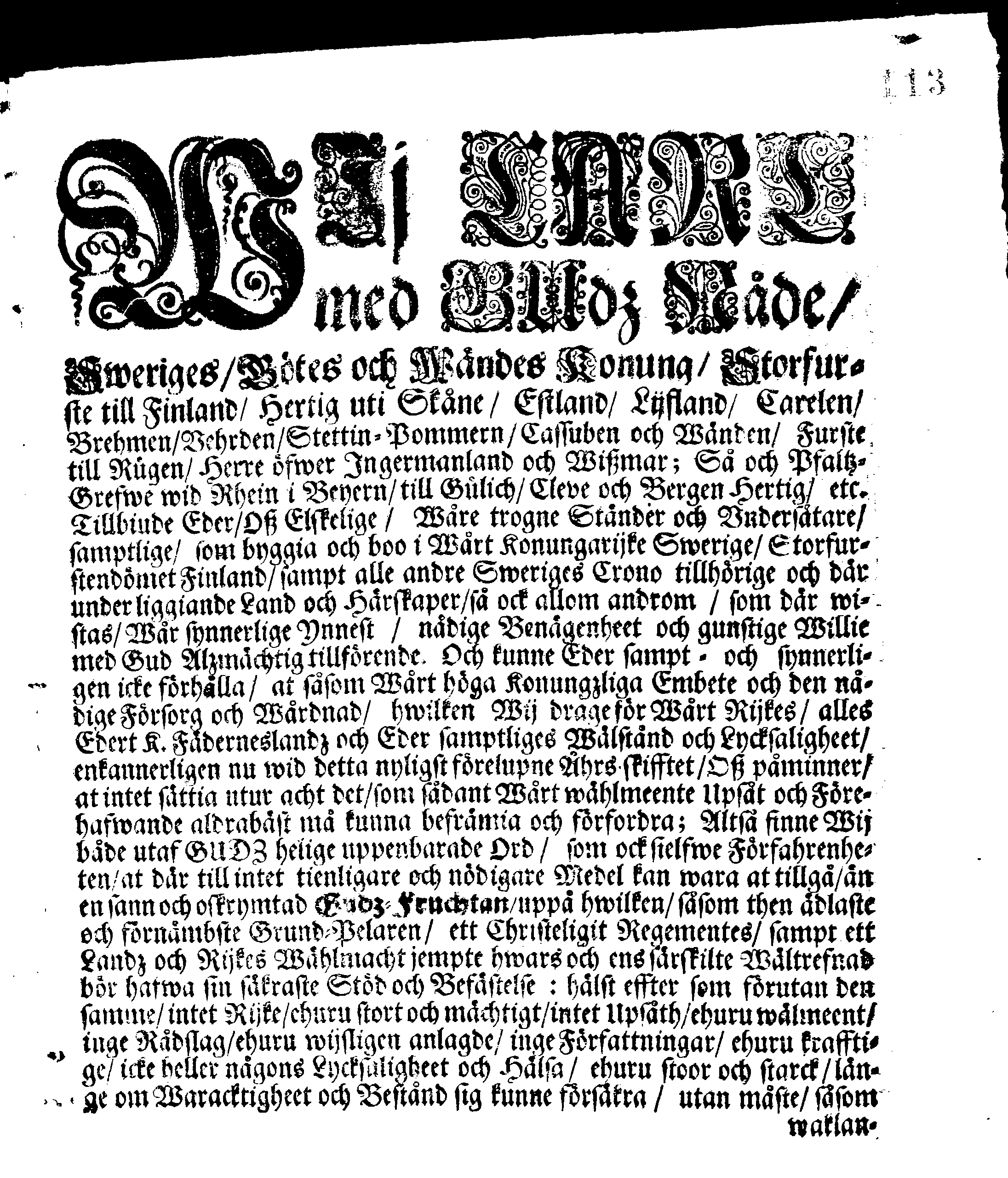 Kongl. May.tz PLACAT, Om Fyra Allmänne, Solenne, Tacksäyelse-Faste-Boot- och Bönedagar, som öfwer heela Swerige, och dess underliggiande Provincier, jämwäl Storfurstendömet Finland, sampt Est-Lijf- och Ingermanland, hållas och fijras skole uti innewarande Åhr 1692