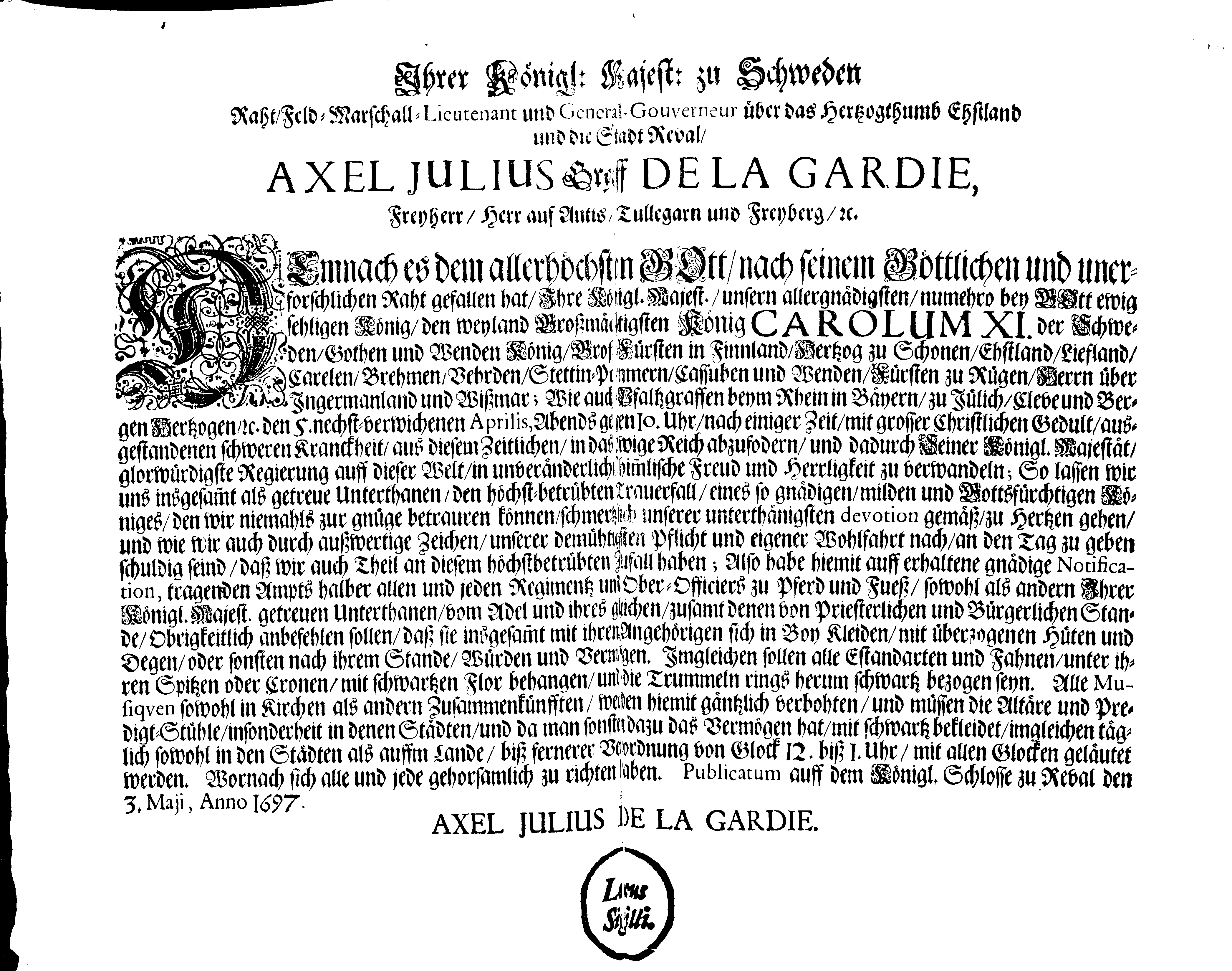 [Axel Julius De la Gardie korraldus]