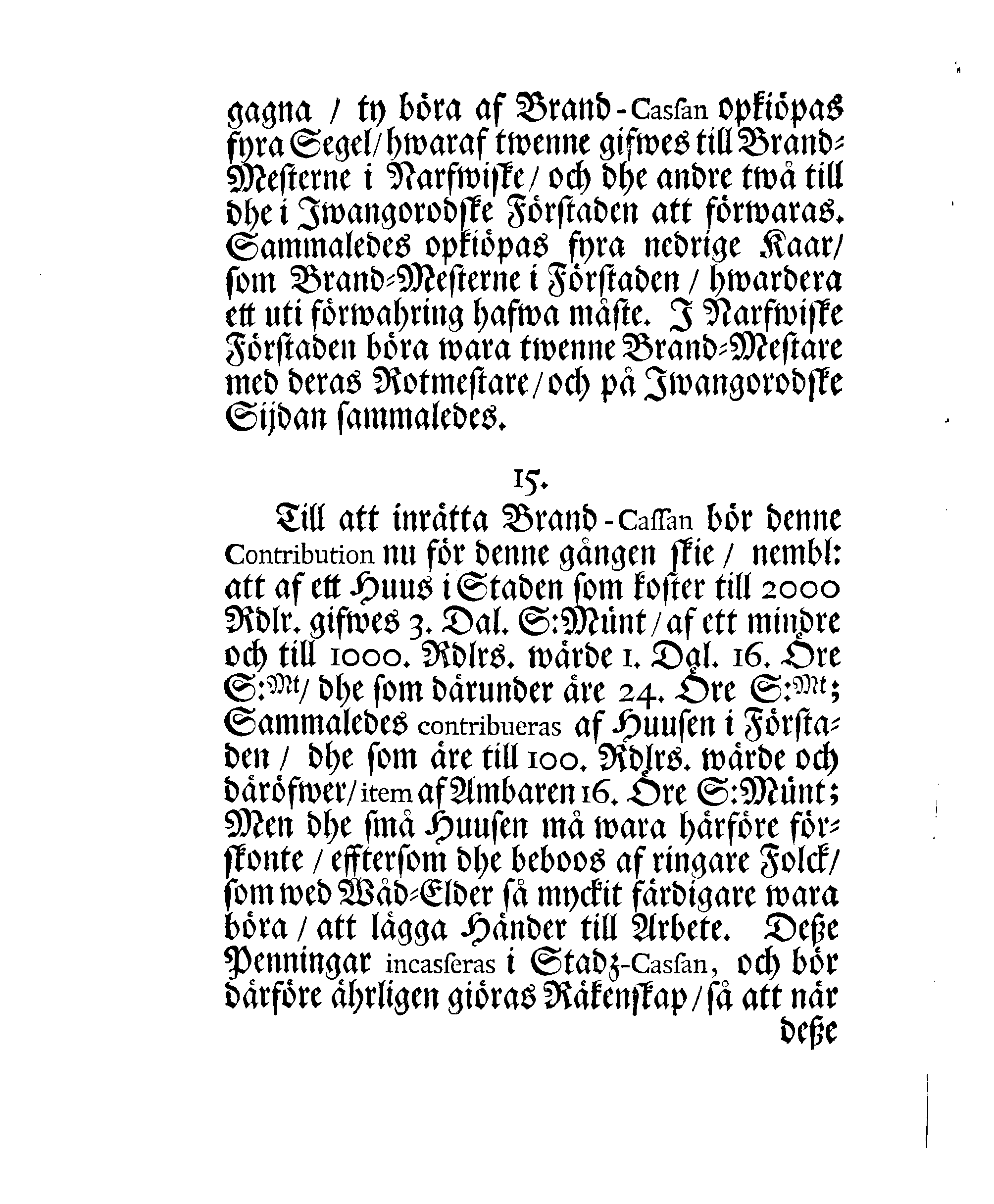 Narfwens Stadz Förnyade Brand-Ordning, Oprättat Med Hans Excell:tz Herr Baronens, Feldt-Marskalckens och Gouverneurens HögWälborne Herr Otto Wilhelm von Fersens, höggunstige approbation