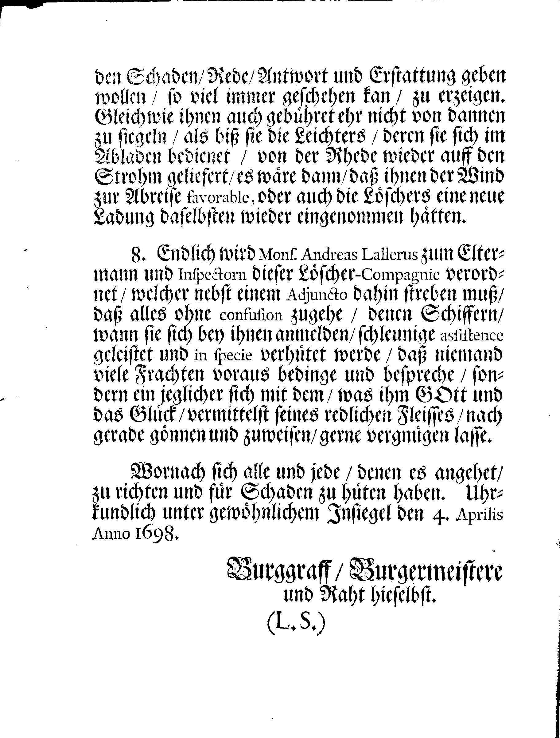 Der Königlichen Stadt NARVA Löscher-Ordnung, Welche Mit Ir. HochWolgebohrnen Excellentz des Herrn Baronen, Feld-Marschalls und Gouverneuren, Herrn Otto Wilhelm von Fersens Hochgeneigter Approbation auffgerichtet