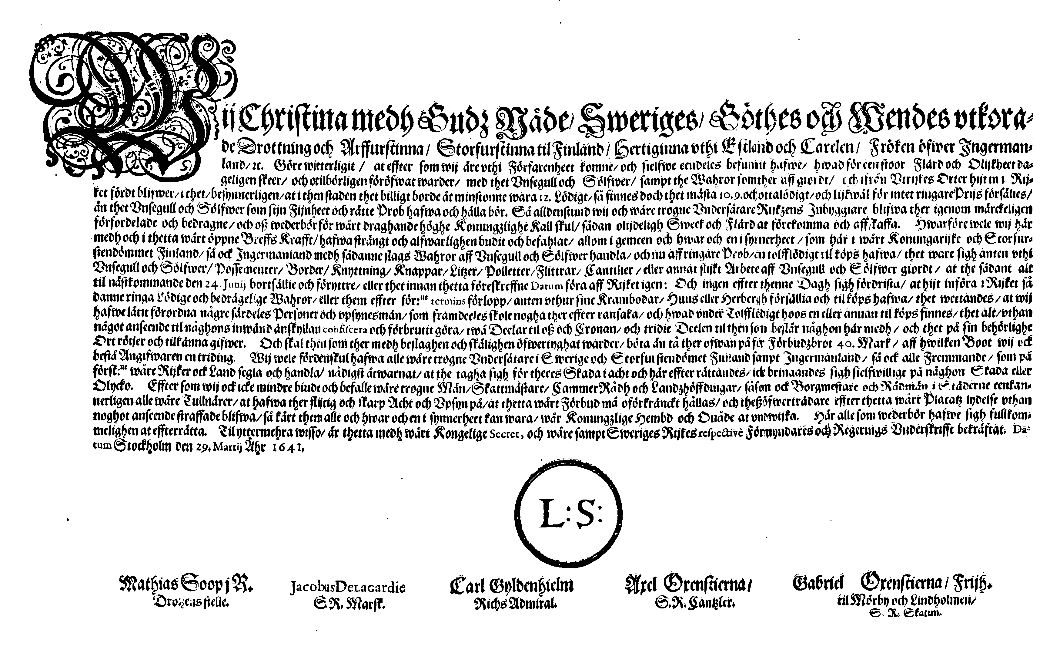 [Kuninganna Kristiina eestkostevalitsuse korraldus]