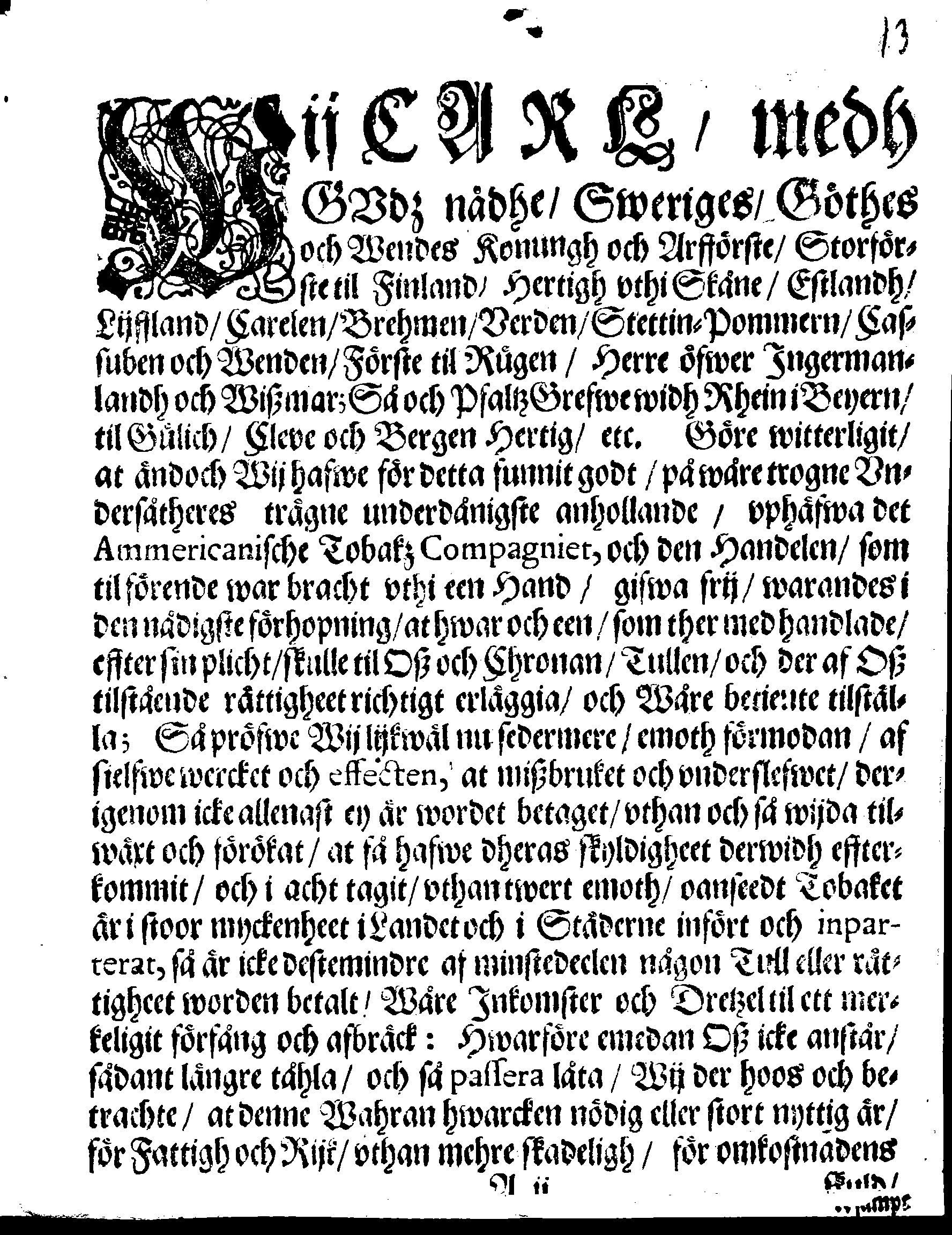 Kongl. May:tz PLACAT, Angående Tobackz-Handelen öfwer heele Sweriges Rijke