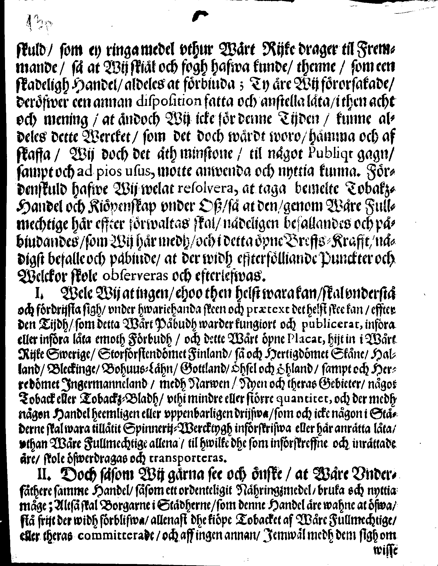 Kongl. May:tz PLACAT, Angående Tobackz-Handelen öfwer heele Sweriges Rijke