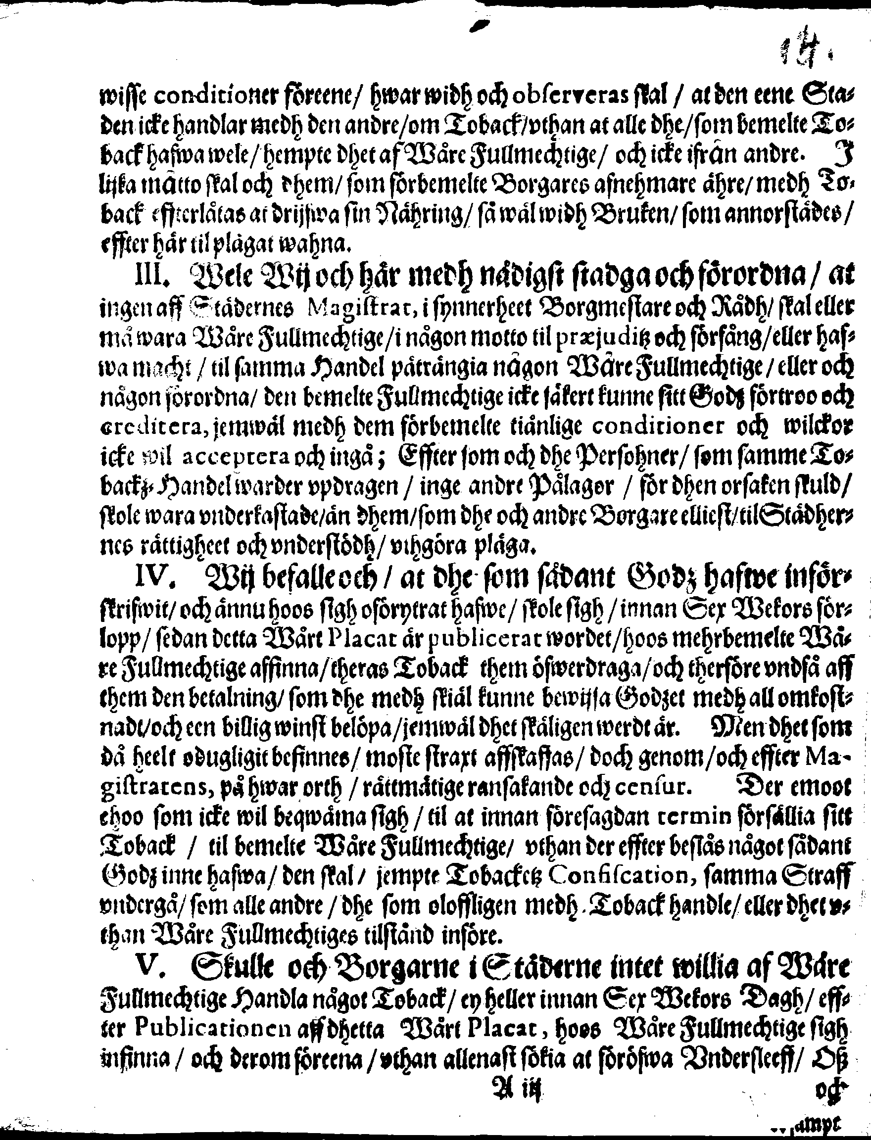 Kongl. May:tz PLACAT, Angående Tobackz-Handelen öfwer heele Sweriges Rijke