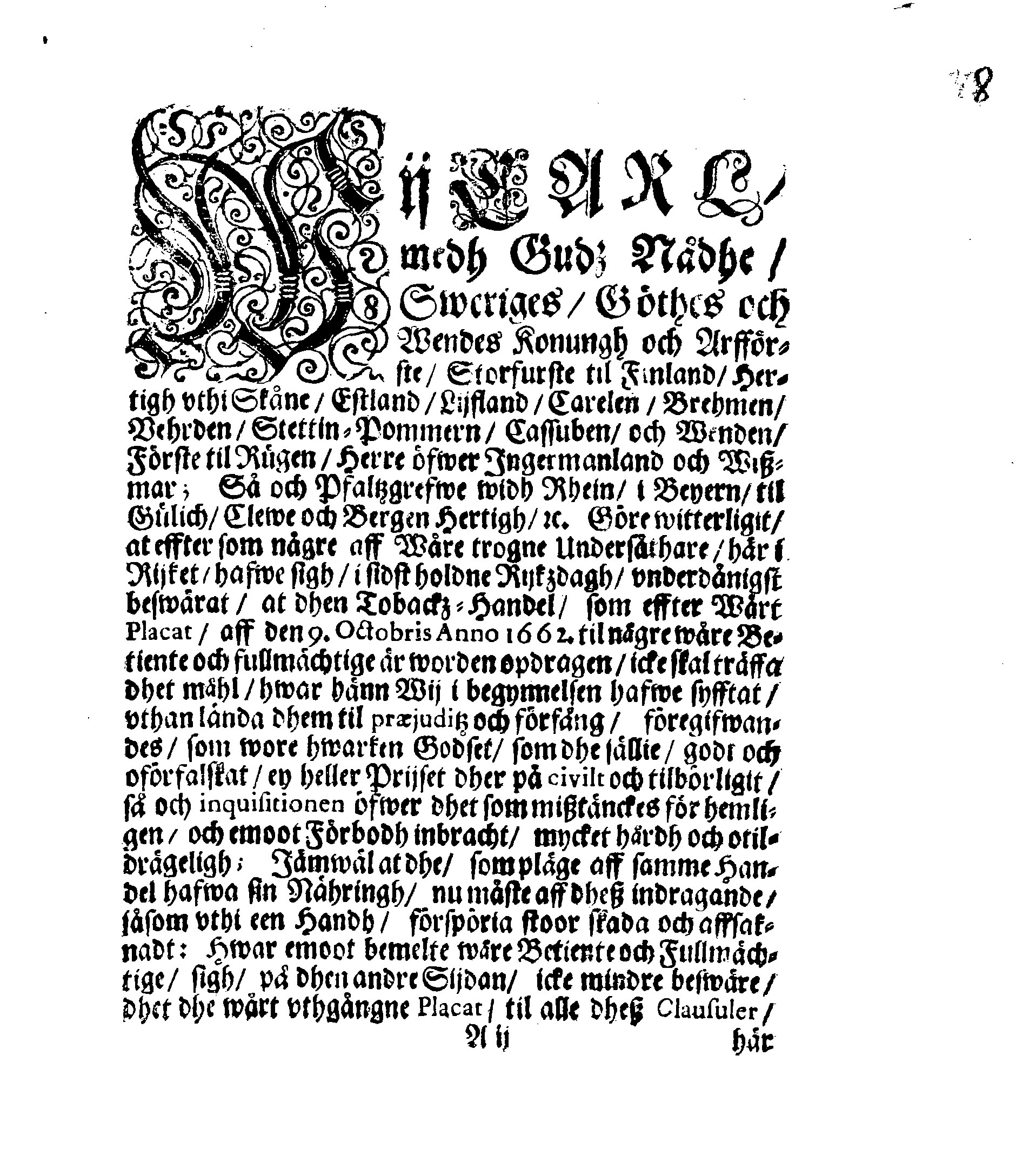 Kongl. May.tz PLACAT, Öfwer Tobackz Handelen