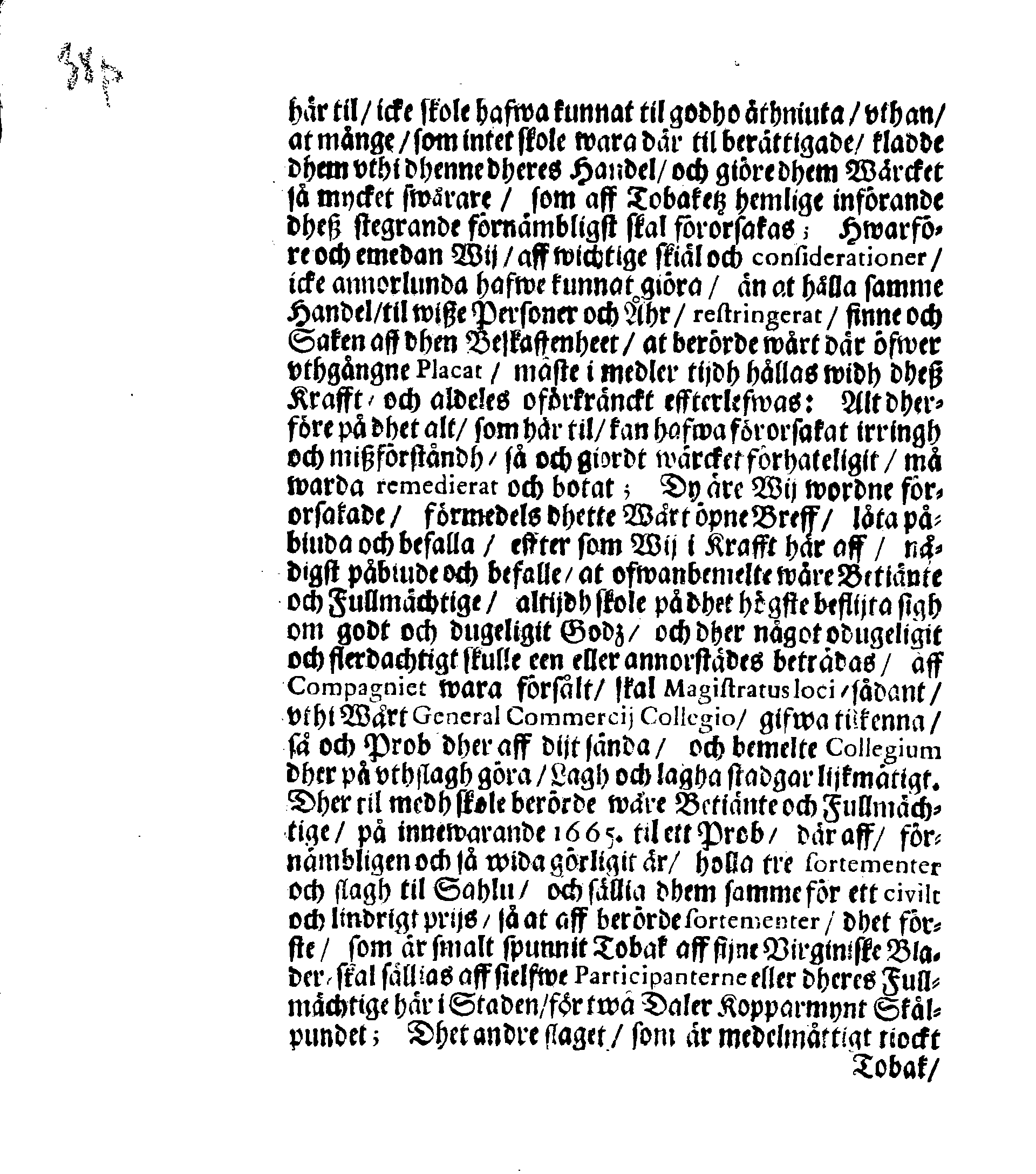 Kongl. May.tz PLACAT, Öfwer Tobackz Handelen
