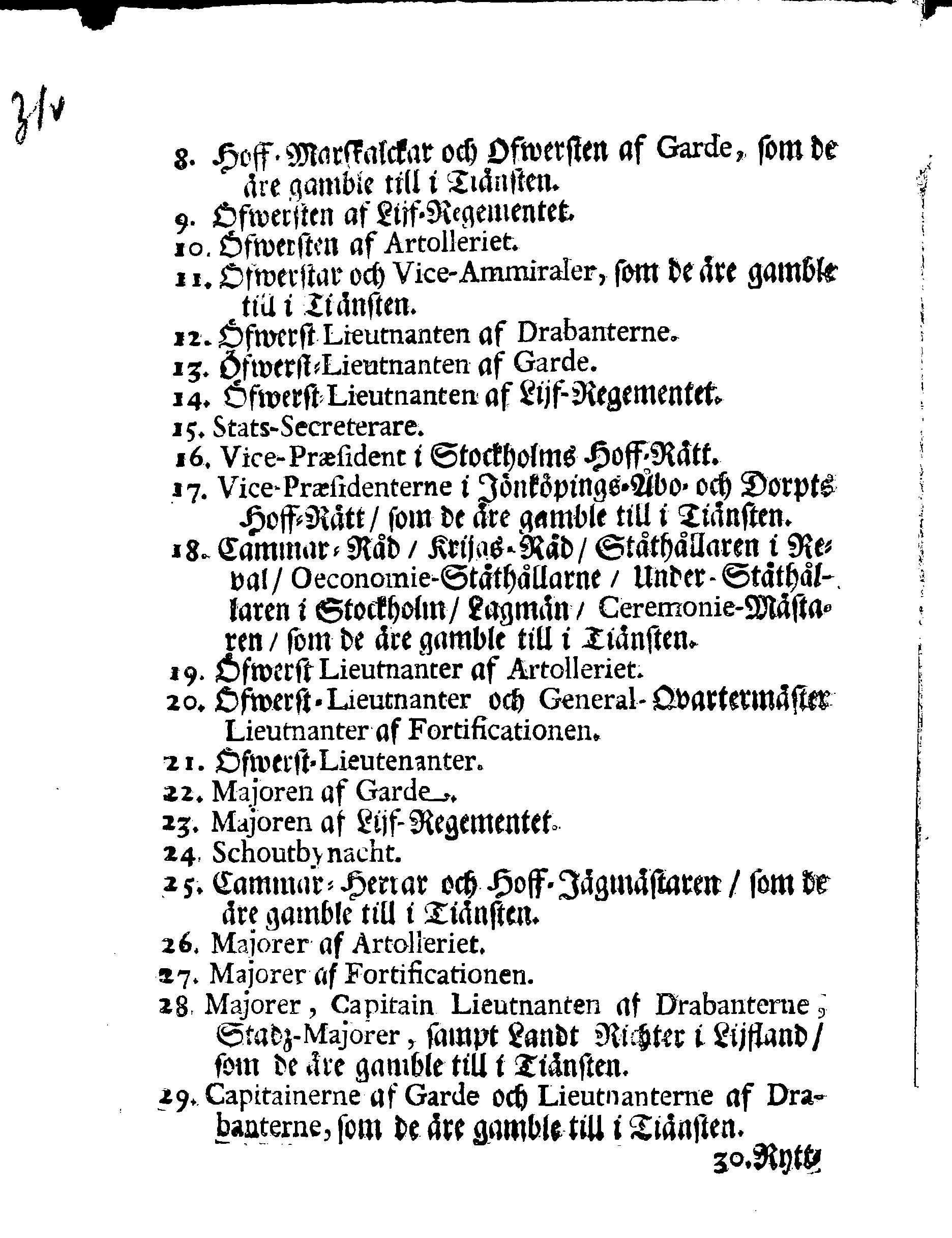 Kongl. May:tz Förnyade Ordning Och REGLEMENTE, Angående RANGEN, Effter hwilken wederbörande Betiente uti Liffland wid tillfällen skole hafwa sig at rätta