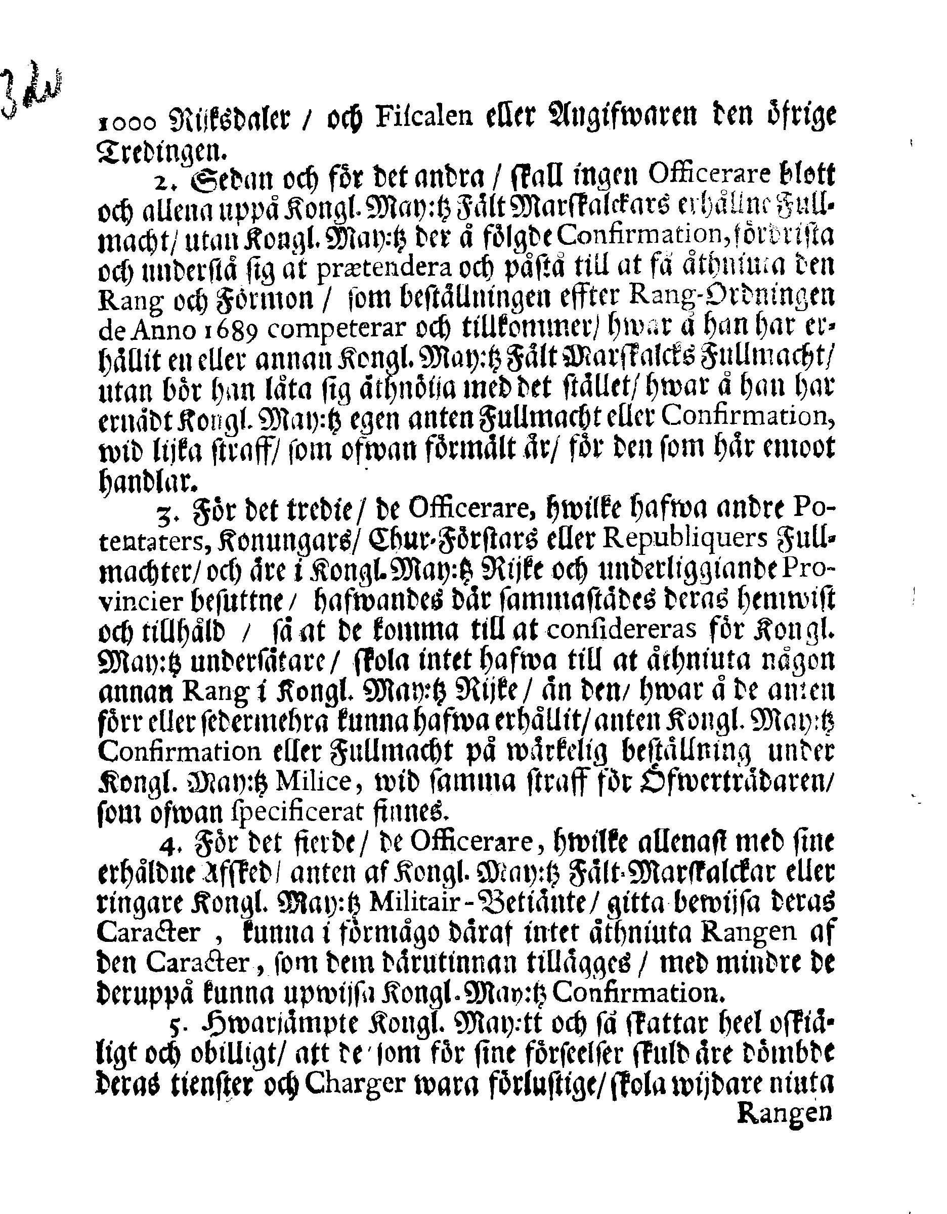 Kongl. May:tz Förnyade Ordning Och REGLEMENTE, Angående RANGEN, Effter hwilken wederbörande Betiente uti Liffland wid tillfällen skole hafwa sig at rätta