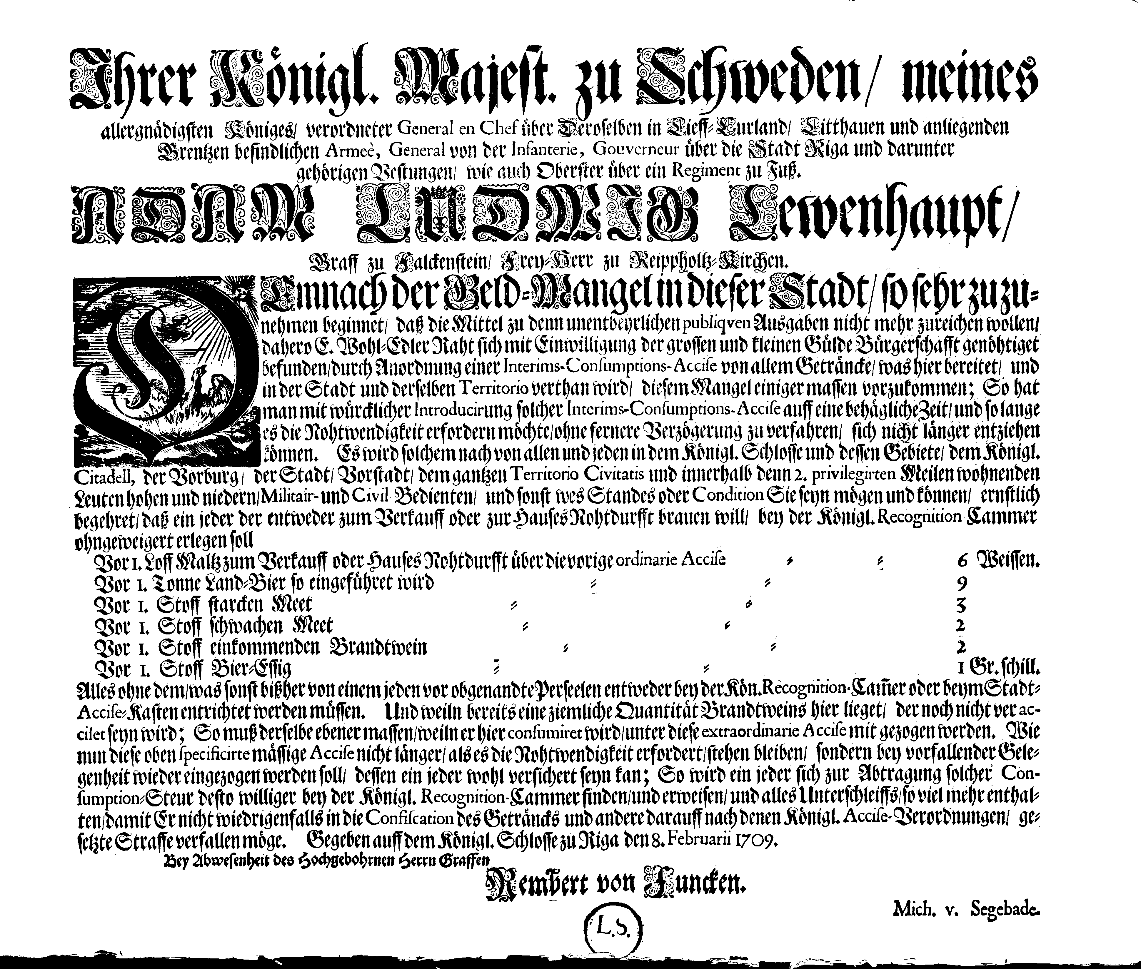 [Rembert von Funckeni korraldus Adam Ludwig Lewenhaupti nimel]