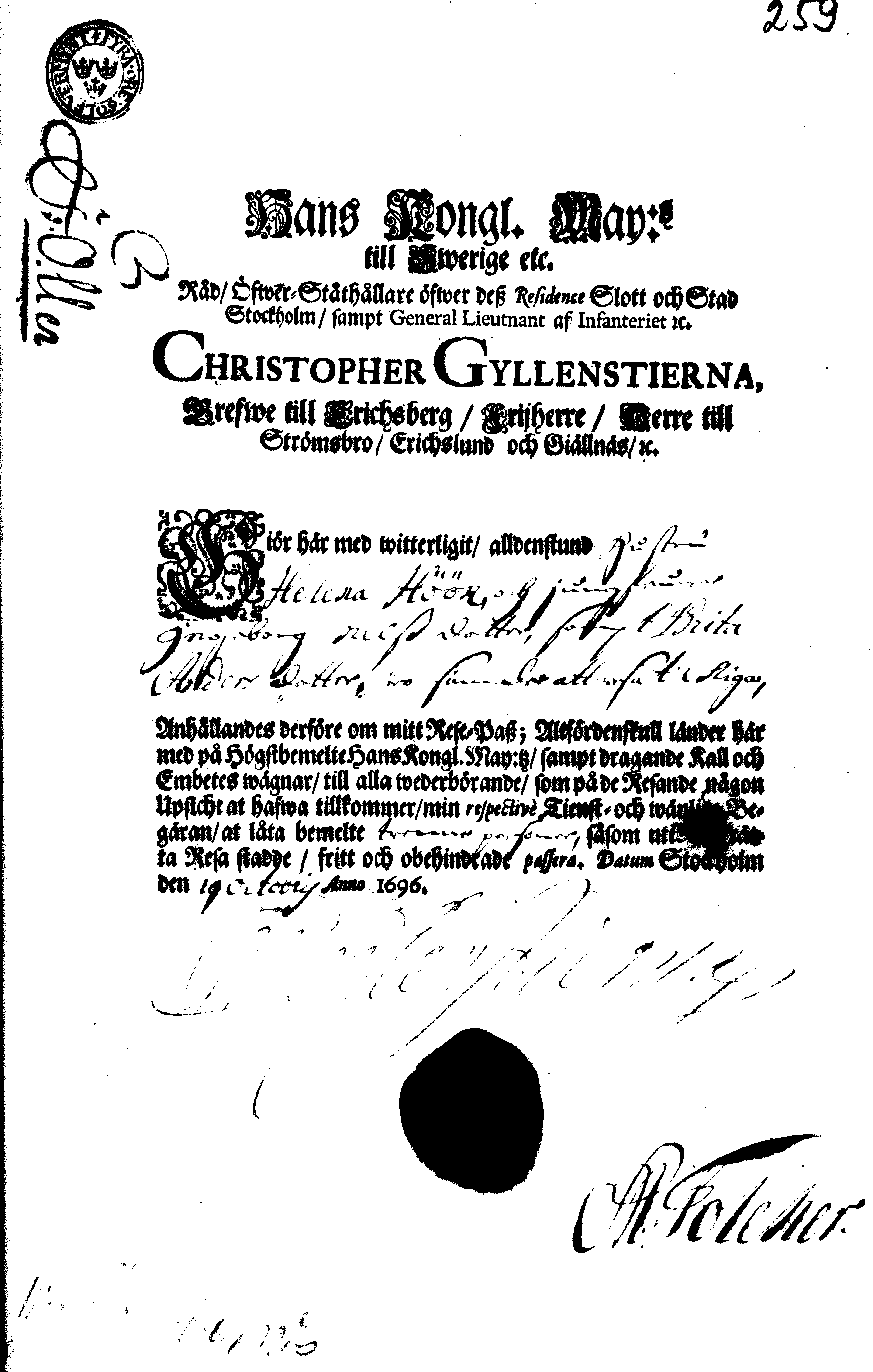 [Christopher Gyllenstierna poolt välja antud reisipass]