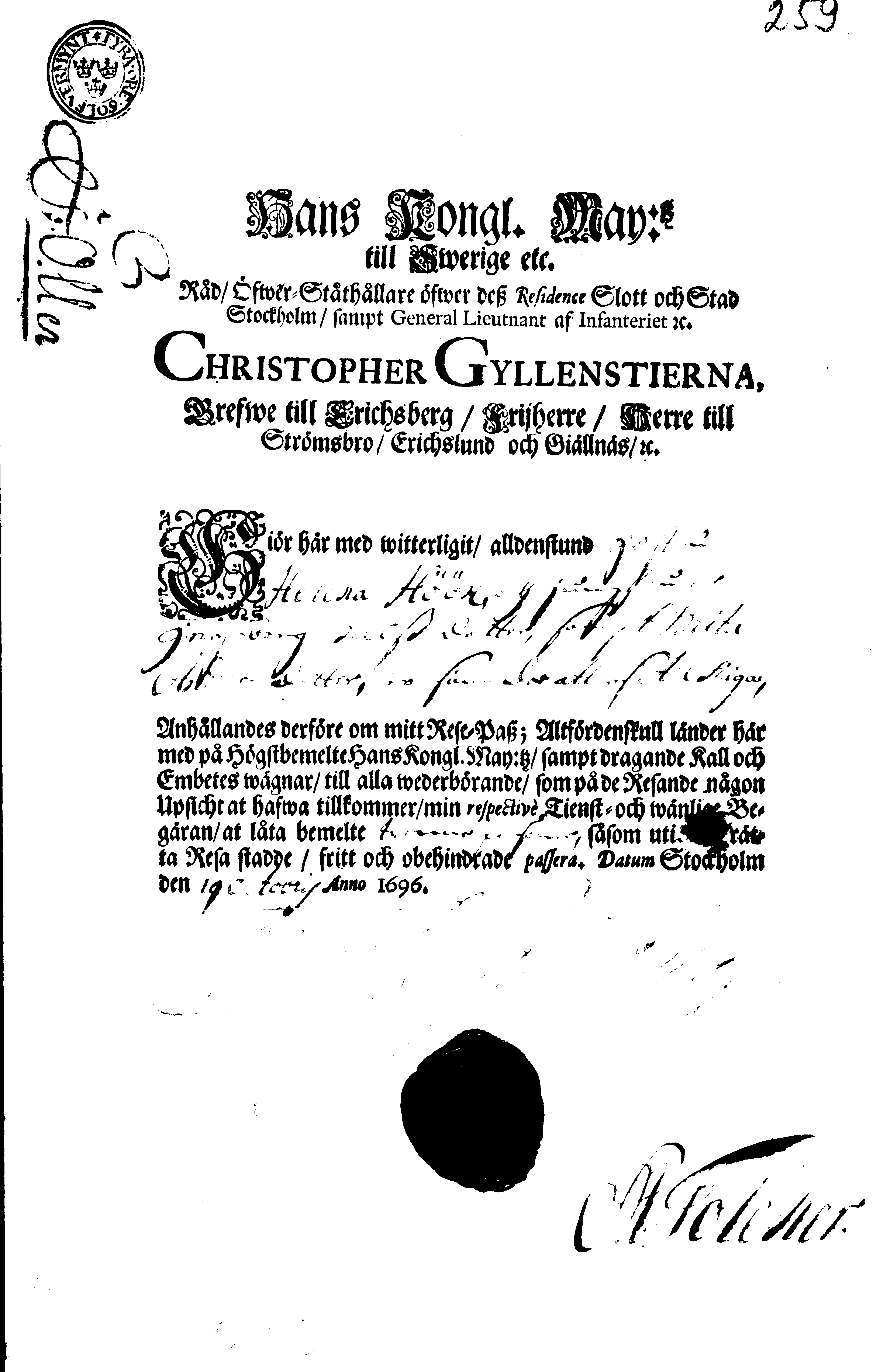 [Christopher Gyllenstierna poolt välja antud reisipass]