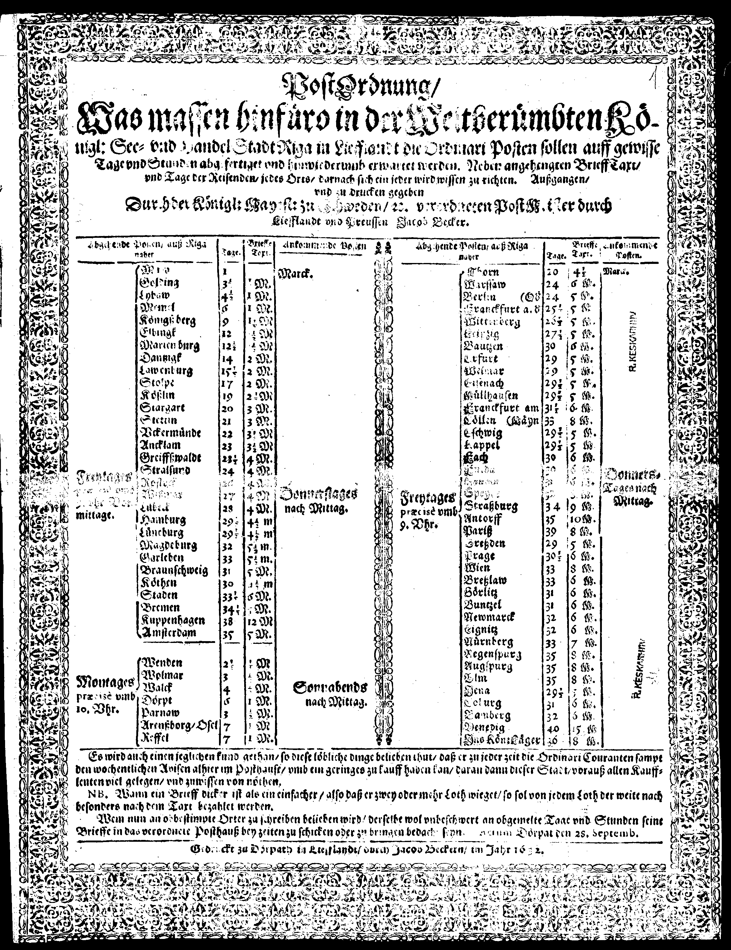 PostOrdnung, Was massen hinfüro in der … Stadt Riga ... die Ordinari Posten sollen auff gewisse Tage und Stunde abgefertiget und hinwiederumb erwartet werden. Neben angehendten BrieffTaxe, und Tage der Reisenden, jedes Orts, darnach sich ein jeder wird wissen zu richten.