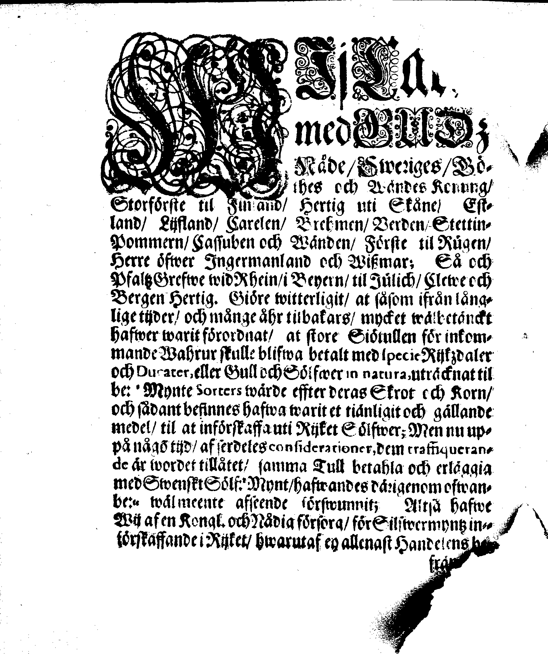 Kongl. May.tz Förordning, Angående Store Siötullens clarerande, och uti hwad Mynte Sort sådant bör skee, jemte mehra Myntewäsendet beträffande