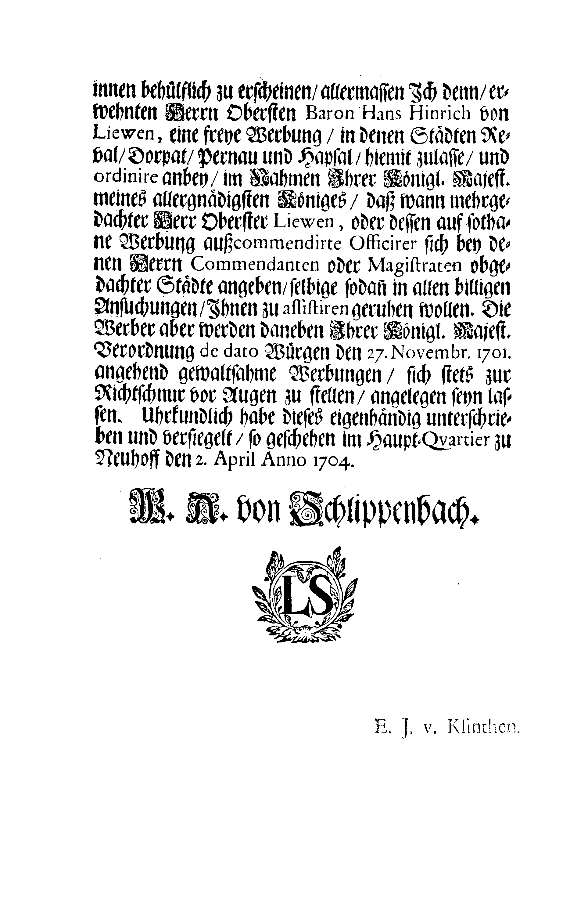 [Wolmar Anton von Schlippenbachi korraldus]