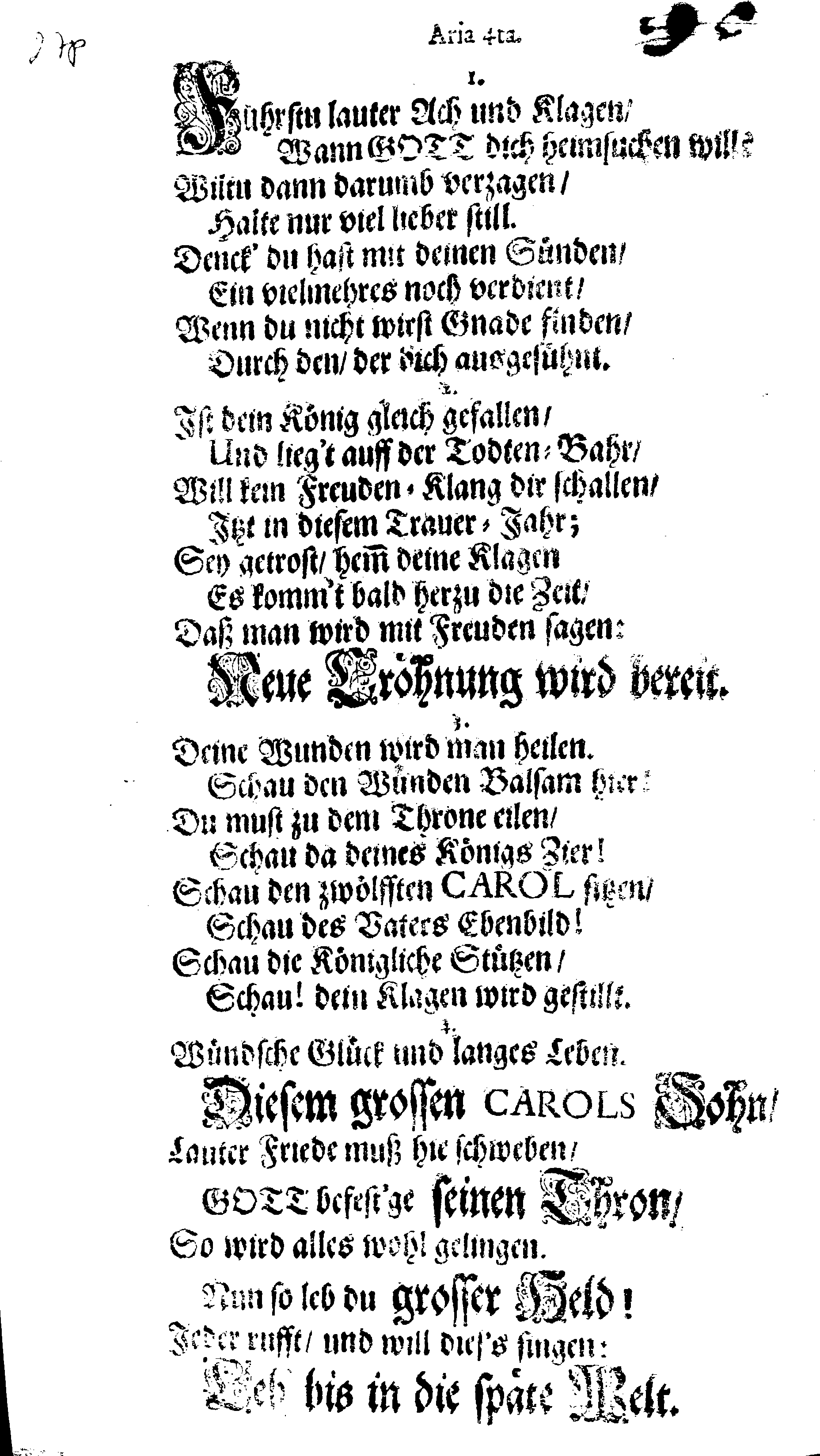 Das Klagende Schweden-Reich über Den Höchstschmertzlichen Hintritt Des Großmächtigsten Königs, und HERRN CAROLI XI, Der Schweden … Da Höchstgedacht: Königl. Maytt entseelt: Leichnam den 24. Novembr: Anno 1697. unter des gantzen höchstbetrübten Reichs Trauer mit Königl. Gepränge zu Stockholm, in seine Ruhe-Kammer beygesetzt ward in nachfolgend: Traur-Arien vorgestellt von Höchstgedacht: Ihr: nunmehro Höchstseel. Königl. Maytt. aller unterthänigstem Knecht