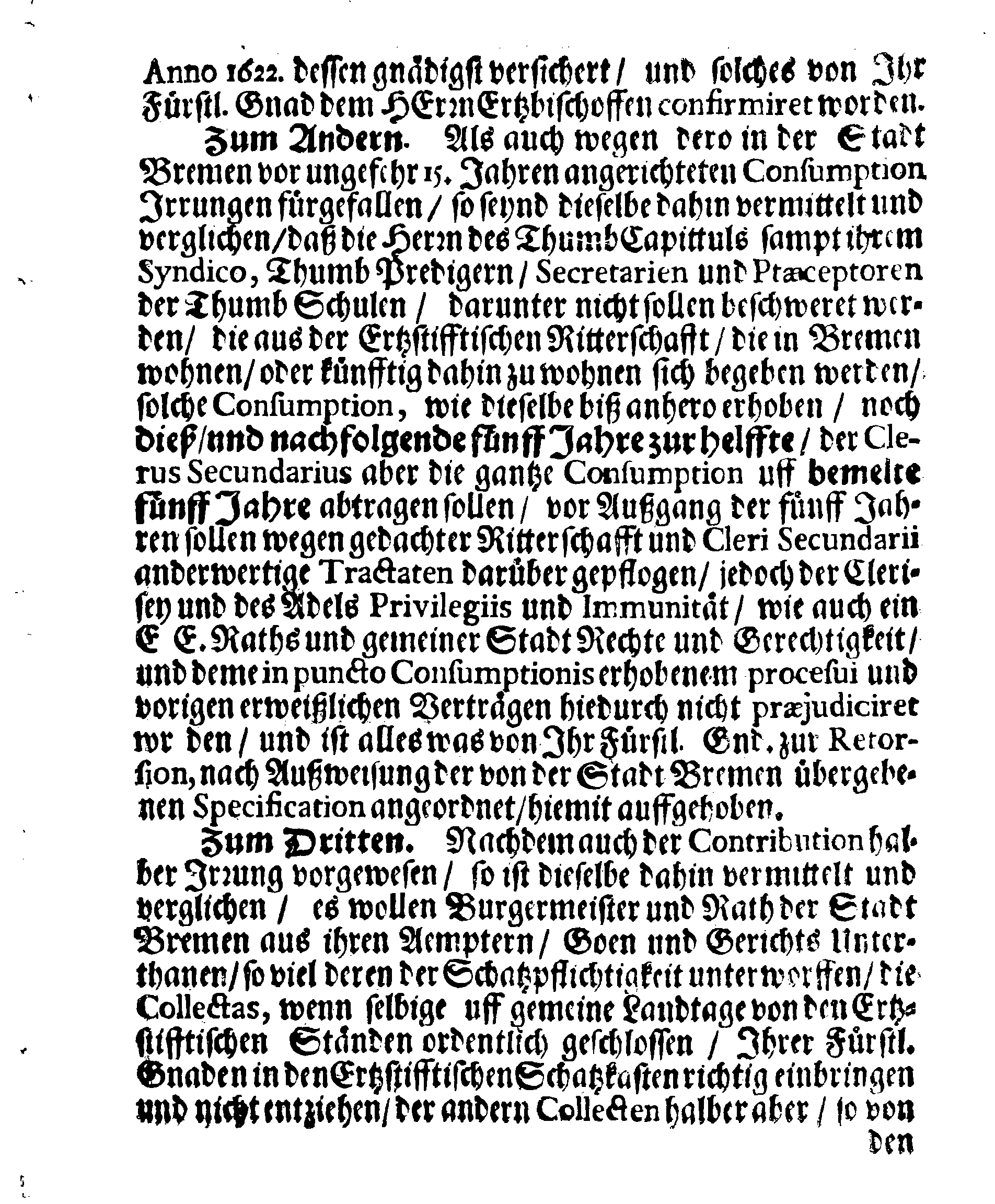 Verträge und RECESSUS Welche mit der Sadt Bremen auffgerichtet, In Anno 1639, 1654 und 1666
