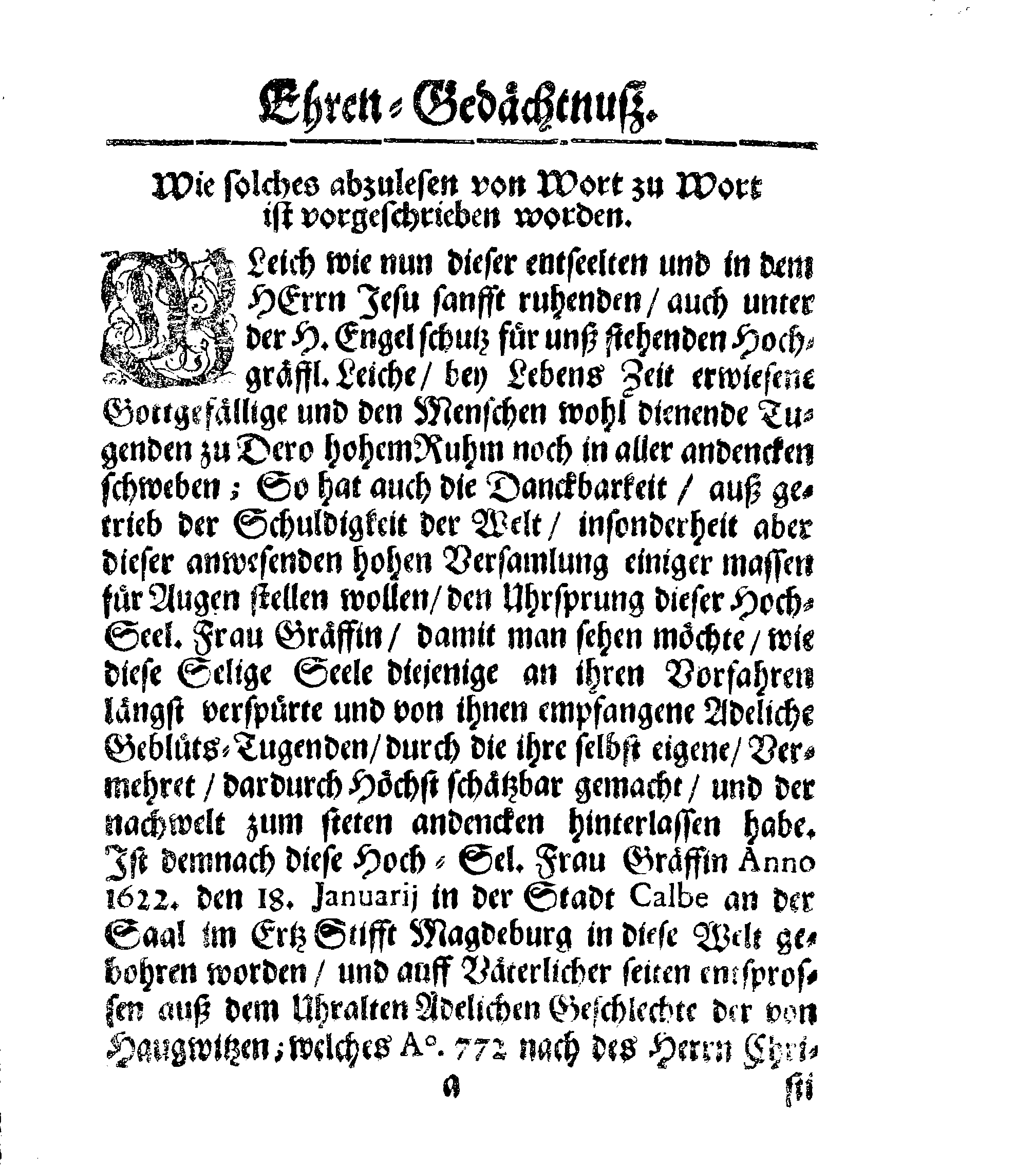 Christ-Gebürliche Klag-Trost- und Ehren-Gedächtniß Der Weyland Hochgebohrnen Gräffin und Frauen, Frauen ANNAE MARGARETHAE WRANGELIN, Gebohren von Haugwitz, Des Höchstgebohren Graffen und Herrn, Herrn CARL-GUSTAV-WRANGELS, … Frau Gemahlin.
