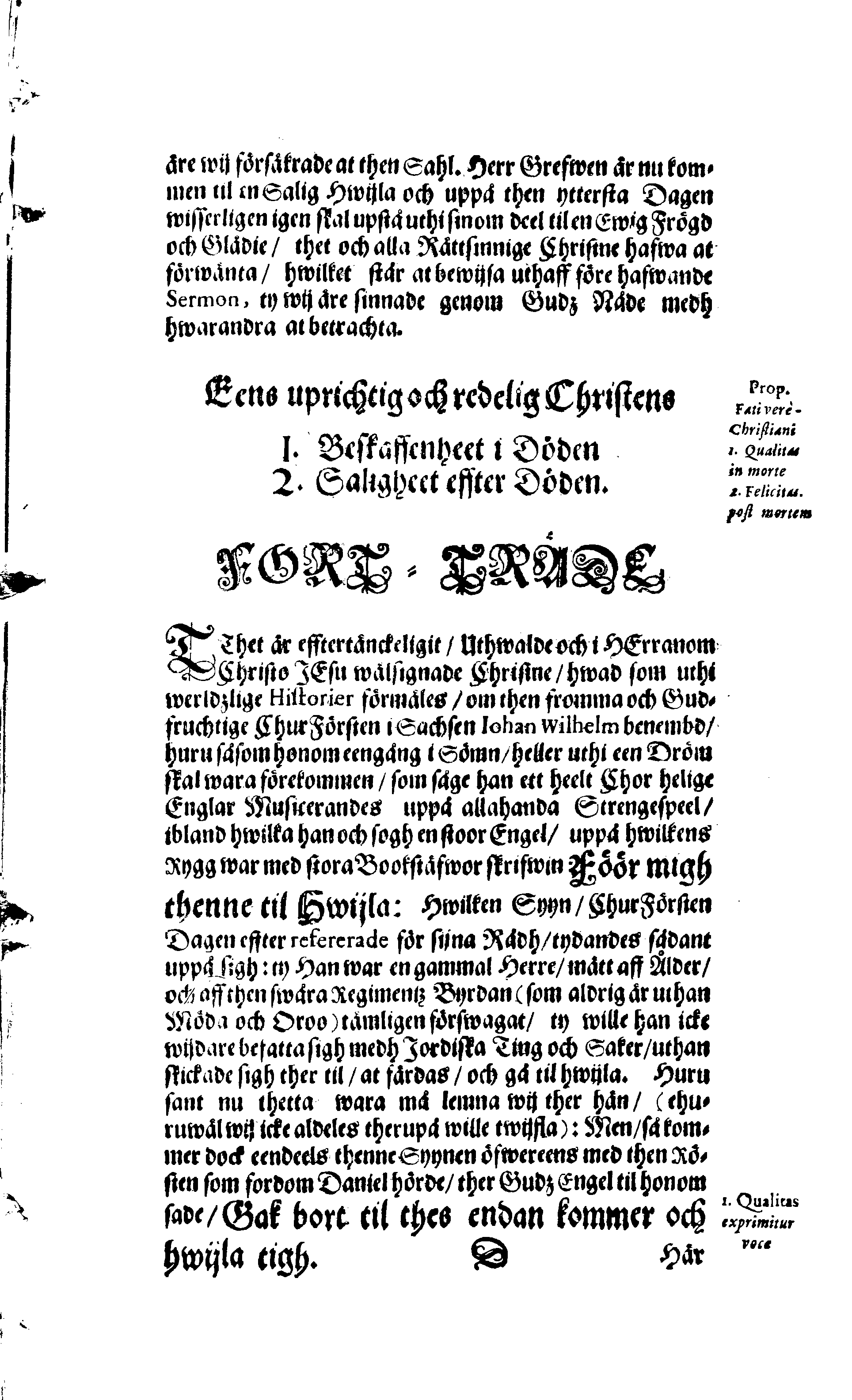 Der Sehl. Seelen hertzliche Dancksagung; das GOtt in so vielen Gefährlichkeitten selbe so gnädig bewahret und den entseelten Cörper auß abgelegenen Orten zu seiner Ruhekammer hat kommen lassen wollen. Welche auß Des Weilandt Erleuchteten und Hochgebohrnen Graffen und Herren, H. Carol Gustaff Wrangels, … Hochansehnliche LeichBegänckniß, den 1. Decembr. Anno 1680. gehalten, in einer Traur-Music, auss unterthäniger Schuldigkeit, gesungen und abgefaßet von einen alten Domestiquen Diener