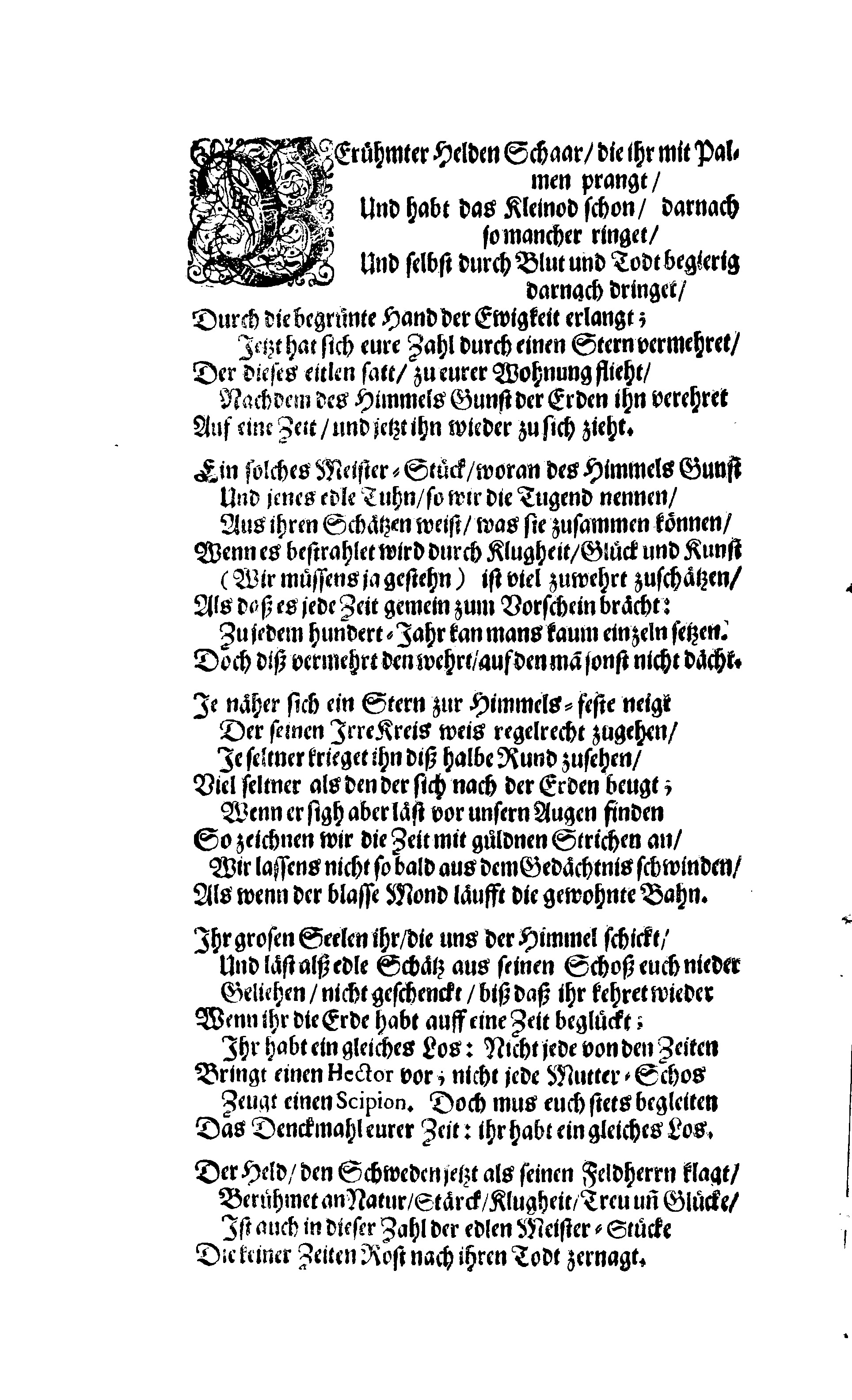 Der Sehl. Seelen hertzliche Dancksagung; das GOtt in so vielen Gefährlichkeitten selbe so gnädig bewahret und den entseelten Cörper auß abgelegenen Orten zu seiner Ruhekammer hat kommen lassen wollen. Welche auß Des Weilandt Erleuchteten und Hochgebohrnen Graffen und Herren, H. Carol Gustaff Wrangels, … Hochansehnliche LeichBegänckniß, den 1. Decembr. Anno 1680. gehalten, in einer Traur-Music, auss unterthäniger Schuldigkeit, gesungen und abgefaßet von einen alten Domestiquen Diener