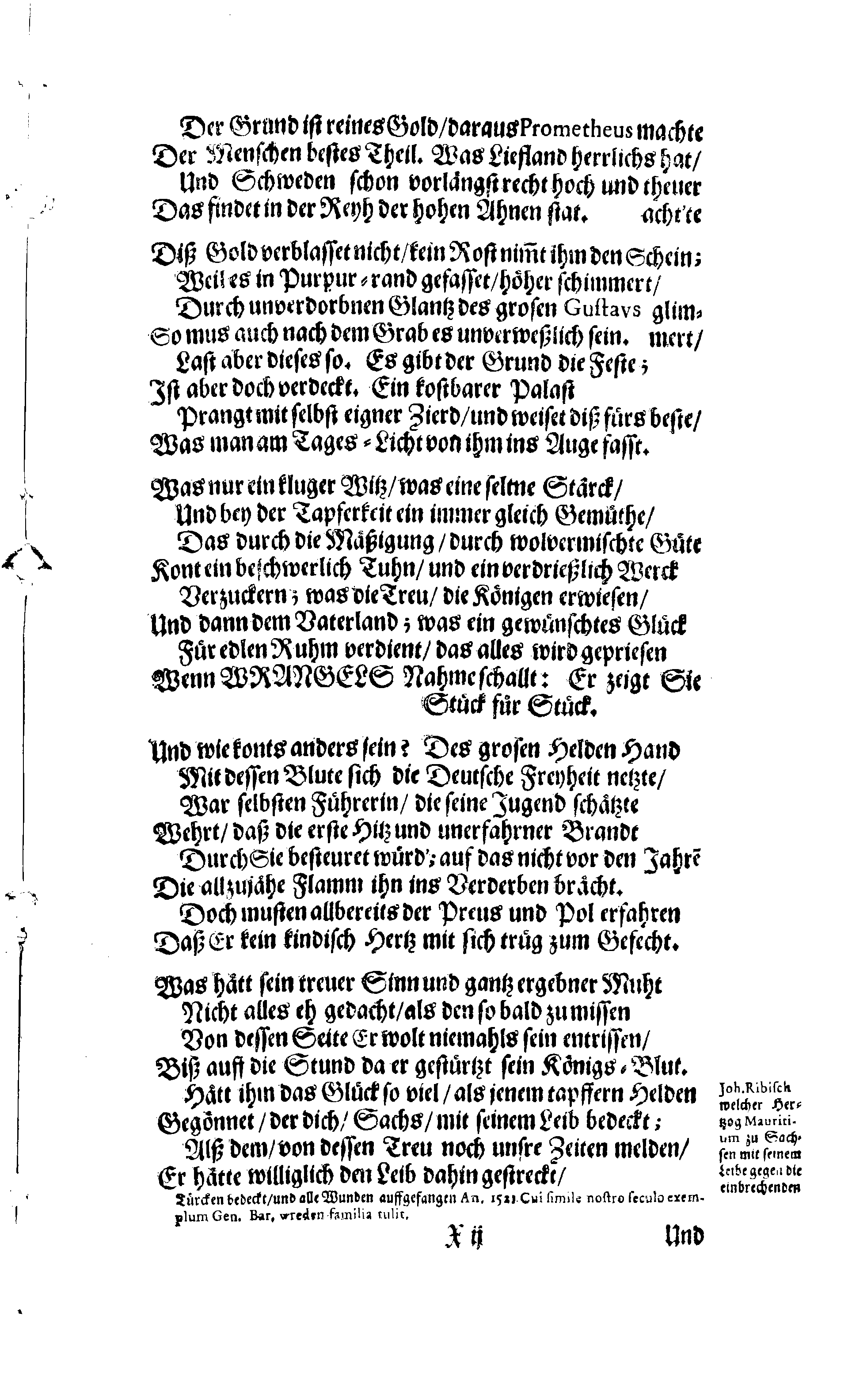Der Sehl. Seelen hertzliche Dancksagung; das GOtt in so vielen Gefährlichkeitten selbe so gnädig bewahret und den entseelten Cörper auß abgelegenen Orten zu seiner Ruhekammer hat kommen lassen wollen. Welche auß Des Weilandt Erleuchteten und Hochgebohrnen Graffen und Herren, H. Carol Gustaff Wrangels, … Hochansehnliche LeichBegänckniß, den 1. Decembr. Anno 1680. gehalten, in einer Traur-Music, auss unterthäniger Schuldigkeit, gesungen und abgefaßet von einen alten Domestiquen Diener