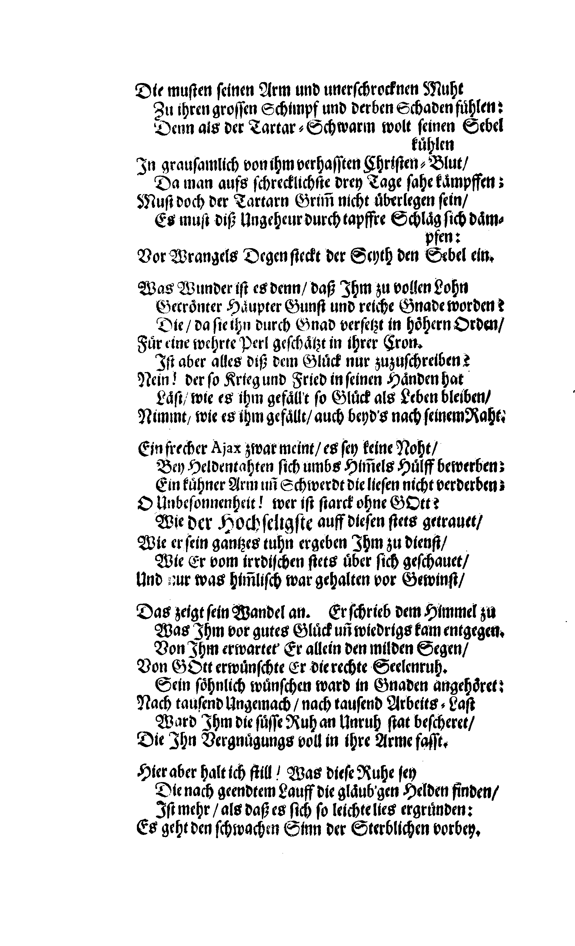 Der Sehl. Seelen hertzliche Dancksagung; das GOtt in so vielen Gefährlichkeitten selbe so gnädig bewahret und den entseelten Cörper auß abgelegenen Orten zu seiner Ruhekammer hat kommen lassen wollen. Welche auß Des Weilandt Erleuchteten und Hochgebohrnen Graffen und Herren, H. Carol Gustaff Wrangels, … Hochansehnliche LeichBegänckniß, den 1. Decembr. Anno 1680. gehalten, in einer Traur-Music, auss unterthäniger Schuldigkeit, gesungen und abgefaßet von einen alten Domestiquen Diener