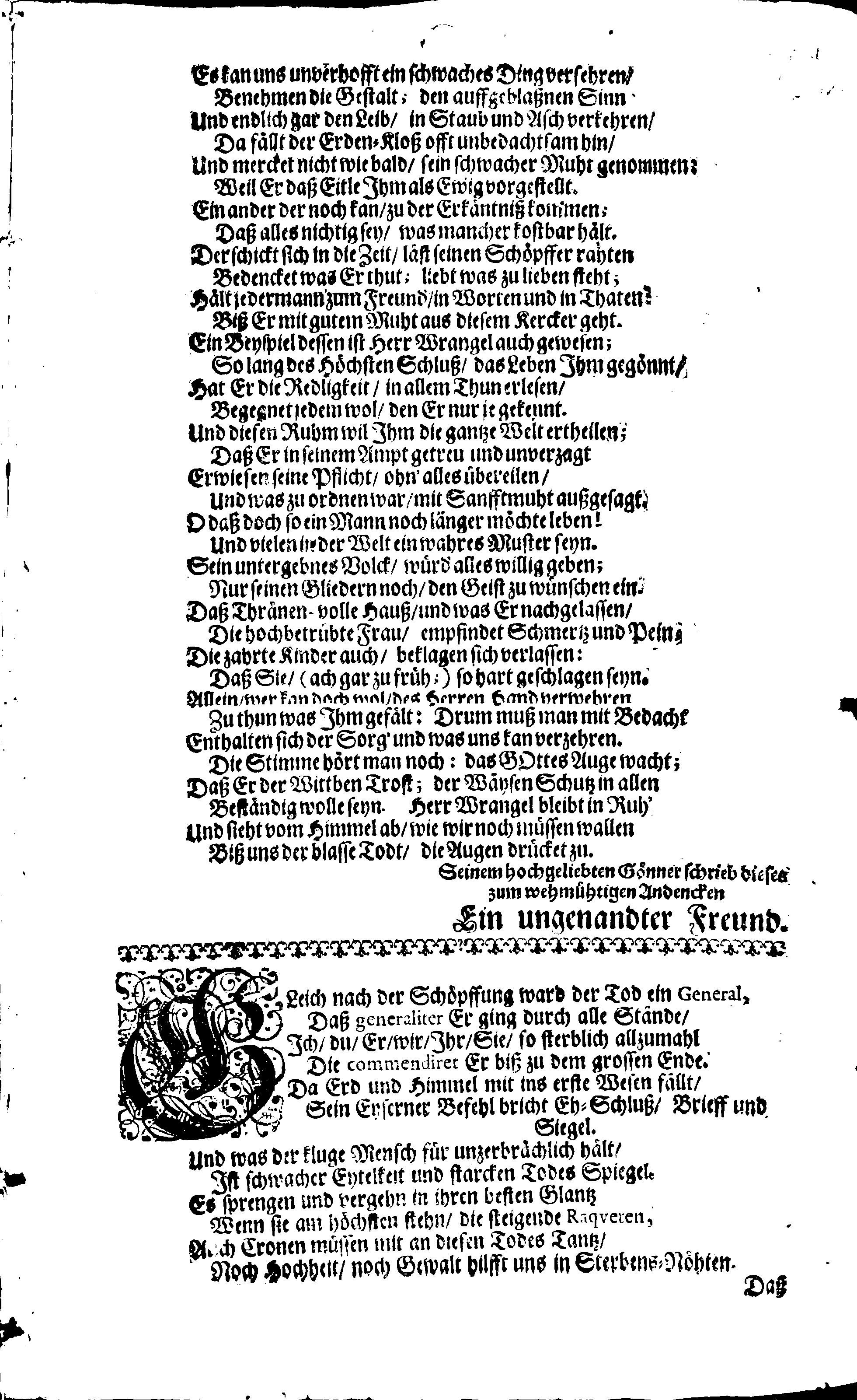 Ehren-Seüle, Welche, Als der Weyland Hoch-wolgebohrner, in GOTT selig ruhender, bey Ihr. Königlichen Majest. der regierenden Königin Leib-Regiment zu Pferde, bestalter Oberst-Lieutenant, Carl Joh. Wrangel, … mit traurigen Gemühtern auffgesetzet ist von Verschiedenen guten Freunden.